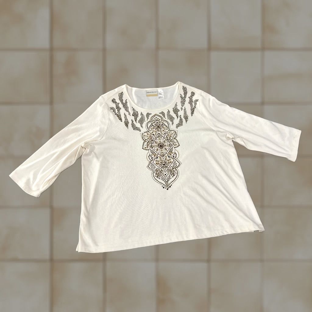 Vintage Alfred Dunner Blouse Womens 2X White Beaded Embroidered Knit Scoop Neck Pullover Casual Sleeve Size XXL / US 16-18 / IT 52-54 - 1 Thumbnail