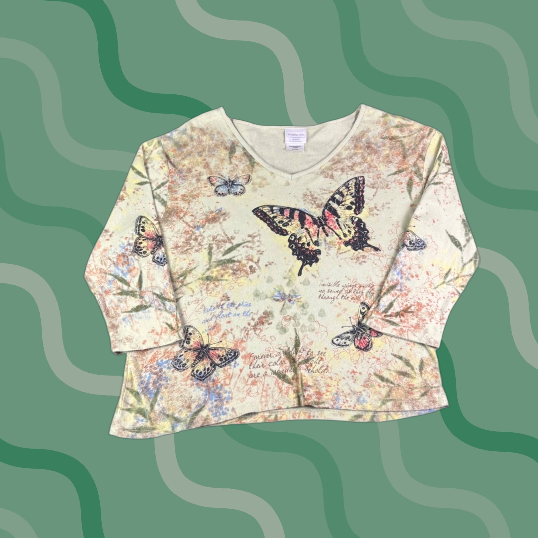 Vintage Morning Sun Floral V-Neck Top XL Green 100% Cotton Knit 3/4 Sleeve Rhinestone Womens T-Shirt Size XL / US 12-14 / IT 48-50 - 1 Thumbnail