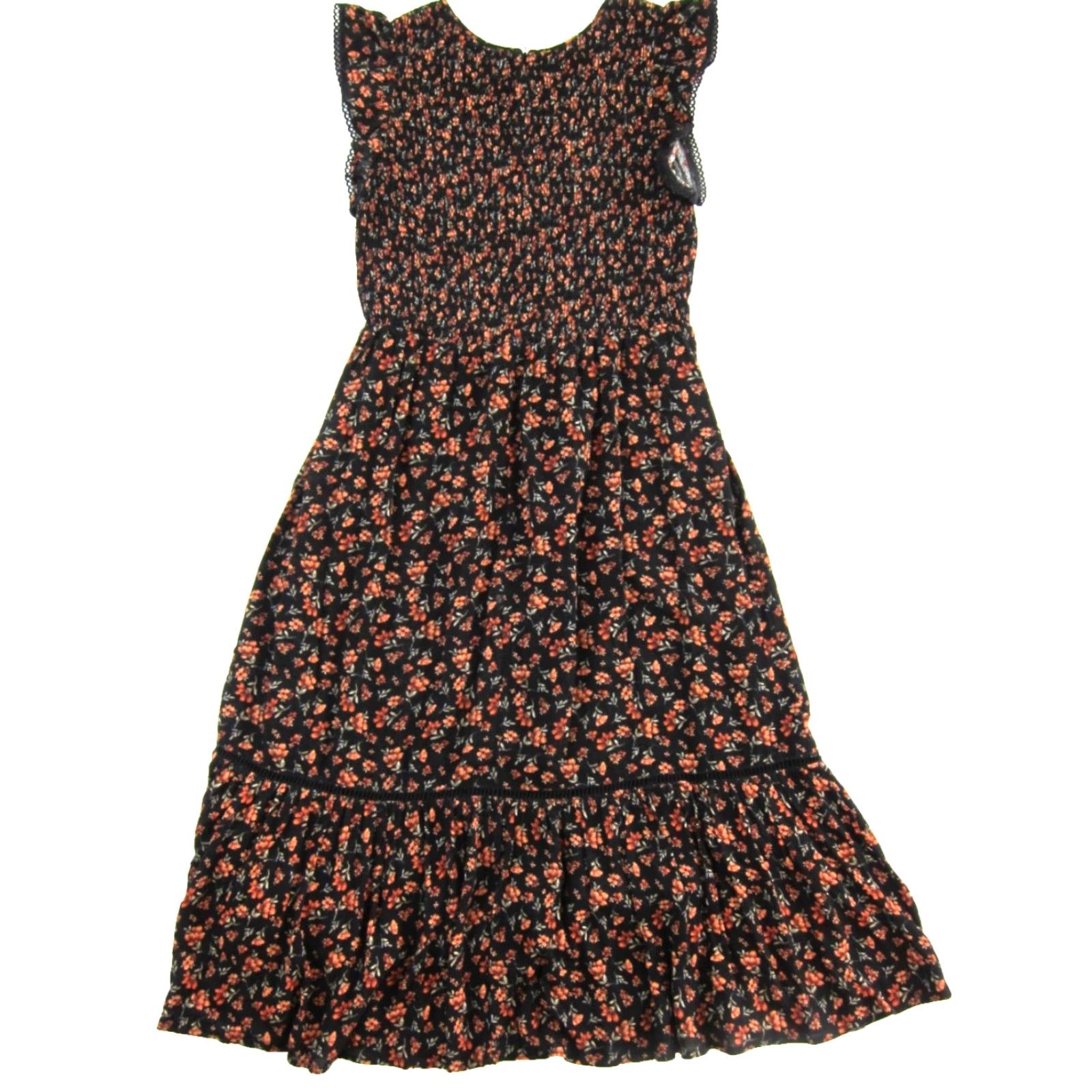 Vintage Lost + Wander Floral Cap Sleeve Rayon Midi Dress Medium Orange Black Green Prairie Dress Women Size M / US 6-8 / IT 42-44 - 2 Thumbnail