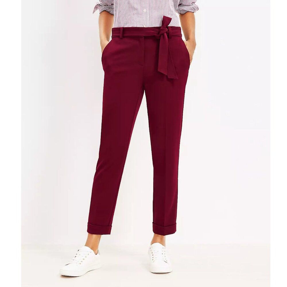 Loft NWT New $90 LOFT Devin Tie Waist Slim Maroon Pants Size 12 Size 34" / US 12 / IT 48 - 1 Thumbnail