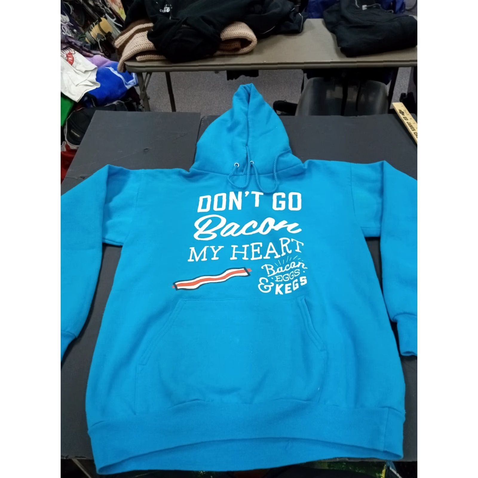 Vintage PORT Don’t Go Bacon My ❤️ Hoodie Blue Solid Long Sleeve Pullover with Hood Logo Regular Men Small 38" X 24" Funny USA Winter Fall Spring Size US S / EU 44-46 / 1 - 3 Thumbnail
