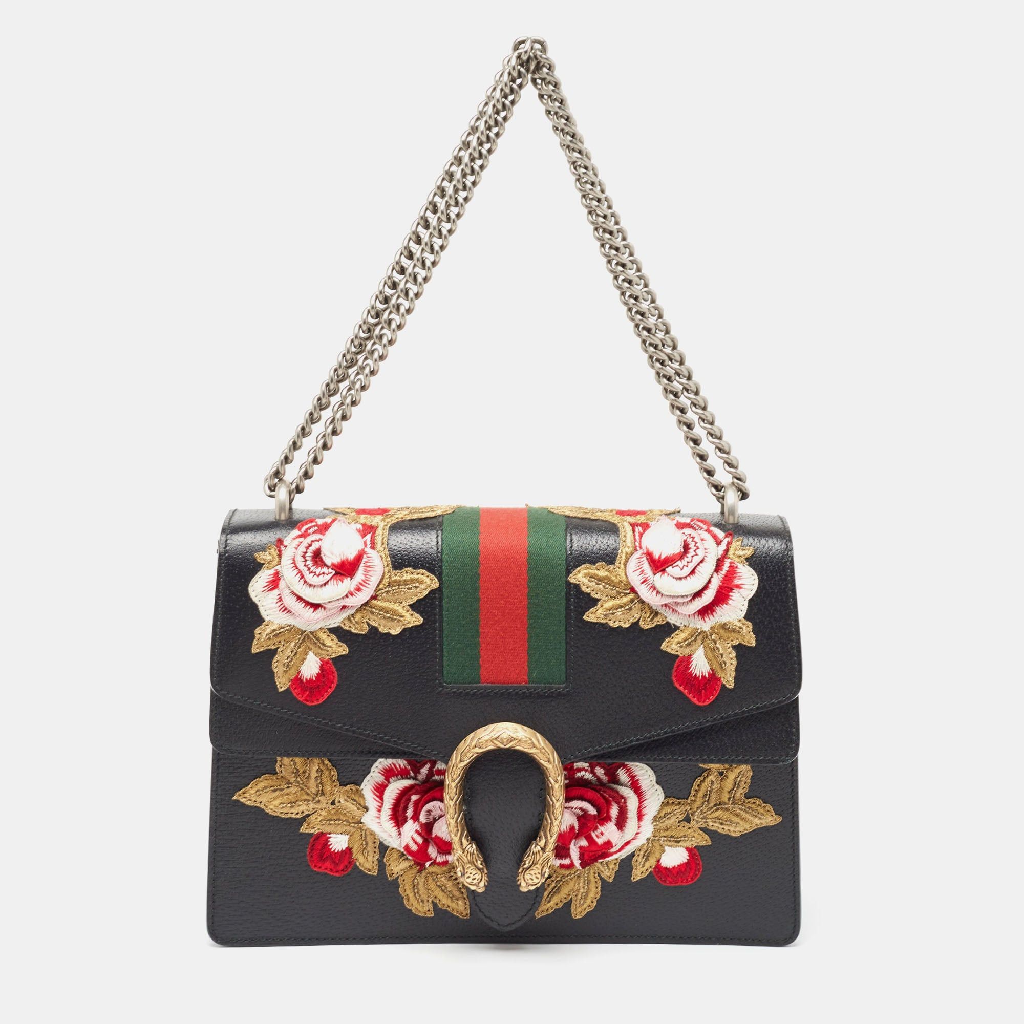 image of Gucci Black Leather Medium Embroidered Web Dionysus Shoulder Bag, Women's