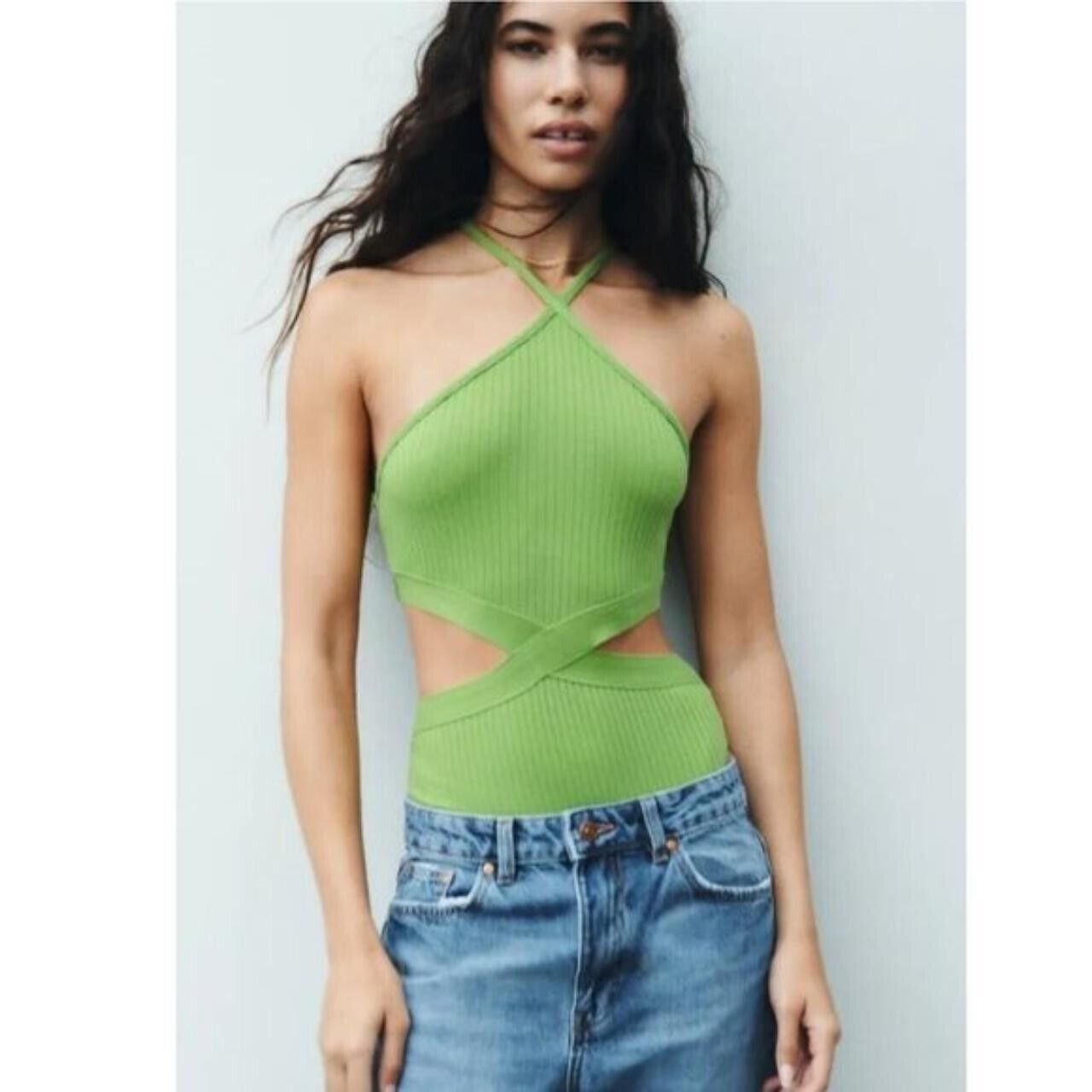 Zara Zara Rib Cutout Y2K Halter Bodysuit Green ( S ) Size S / US 4 / IT 40 - 1 Thumbnail