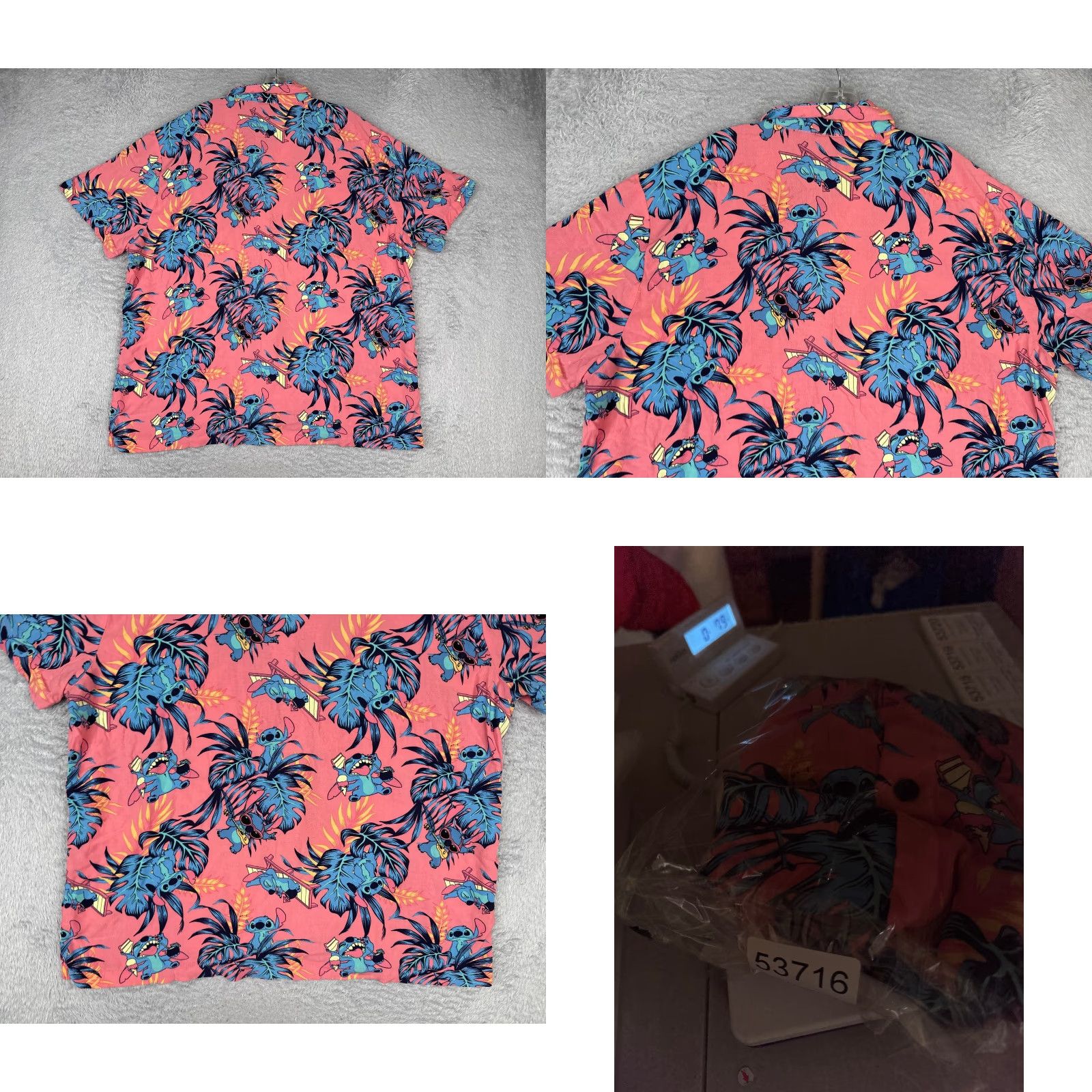 Disney Disney Shirt Men 3XL Floral Leaf Pink Blue Hawaiian Resort Vacation Aloha Lilo & Stitch Cotton Button-Up Short Sleeve Shirt Mens Size US XXL / EU 58 / 5 - 9 Thumbnail