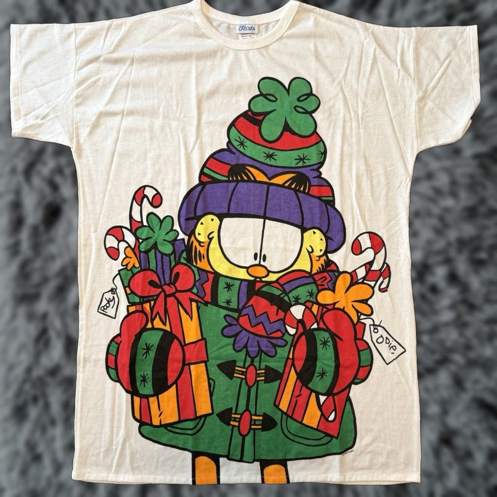 Vintage VINTAGE Flirts Garfield & Odie Paws Jim Davis Big Print White Shirt XL Men Crew Neck Short Sleeve Oversized Cropped 90s Christmas Cartoon Cat Gift Size US XL / EU 56 / 4 - 1 Thumbnail