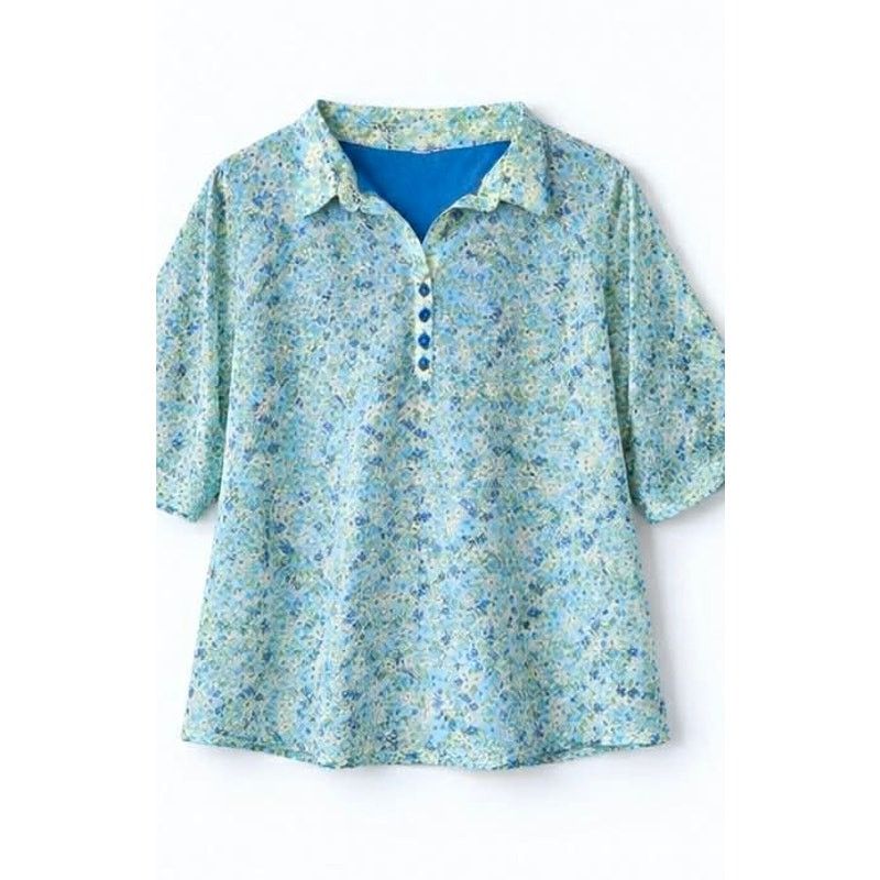 Other Floral Blouse Blue Green Short Sleeve Button V Neck Top LG Size L / US 10 / IT 46 - 3 Thumbnail