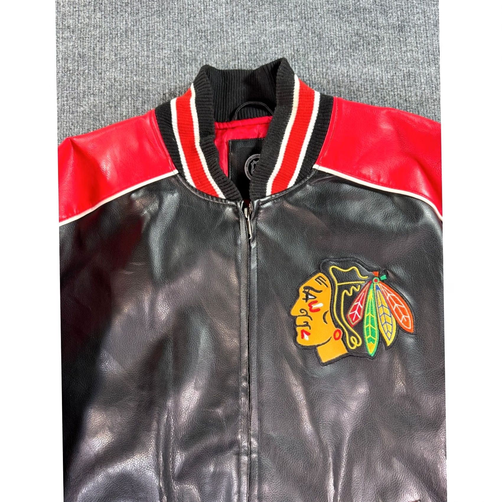 NHL Chicago Blackhawks Jacket Mens XL Black Red Faux Leather Varsity Bomber Zip NHL Size US XL / EU 56 / 4 - 2 Thumbnail