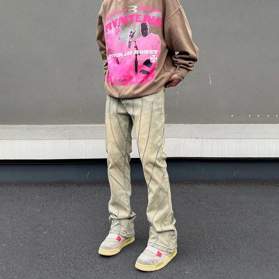 image of Distressed Denim x Vintage Slim Jeans For Men Street Fashion Y2K Denim Pants in Yellow (Size 27)