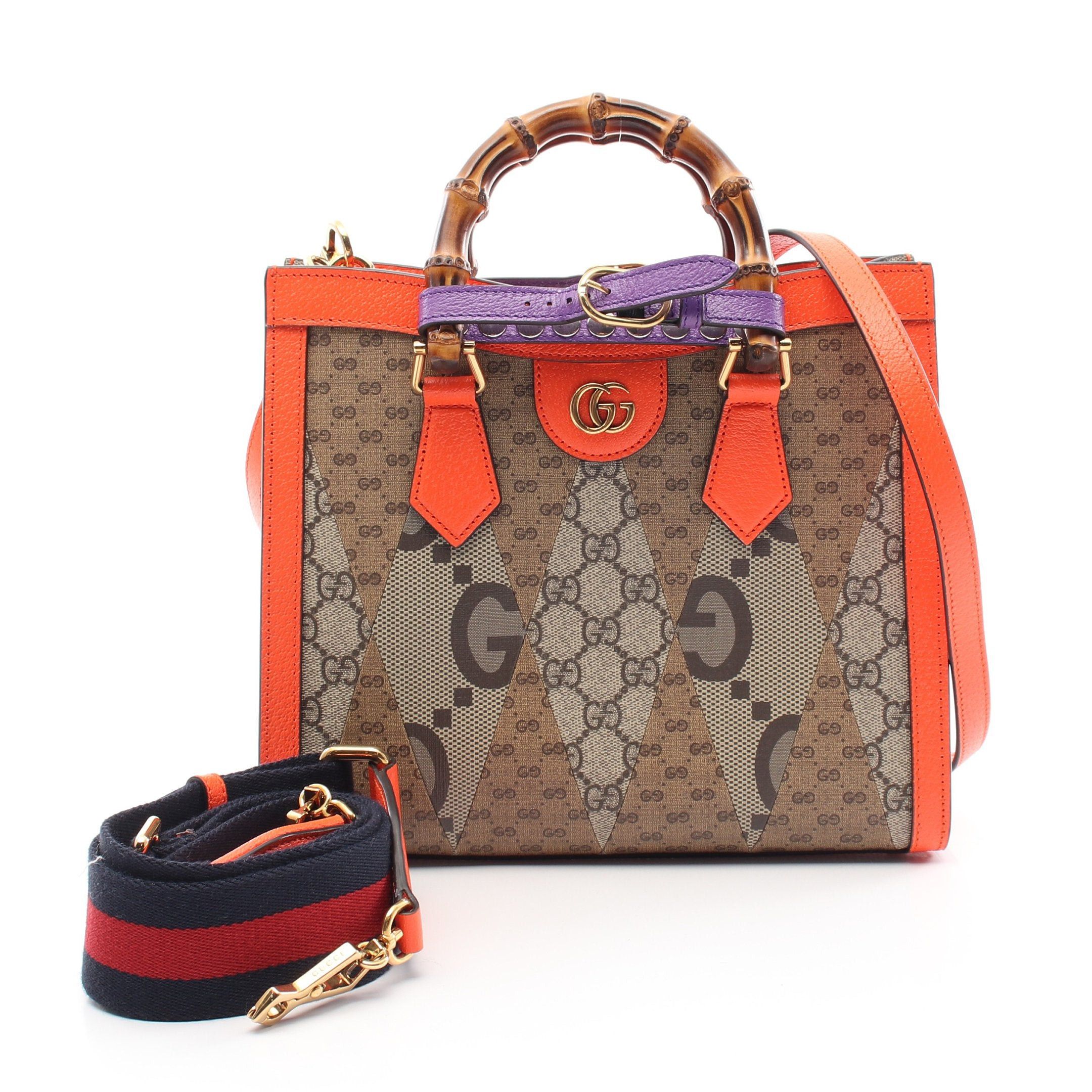 Gucci Diana Small Gg Supreme Handbag Patchwork Leather Beige Orange Red
