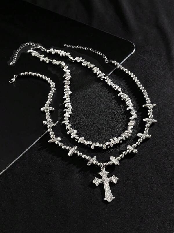 Jewelry x Vintage 2Pcs Goth Pendant Y2K Necklace Chain in Silver, Men's