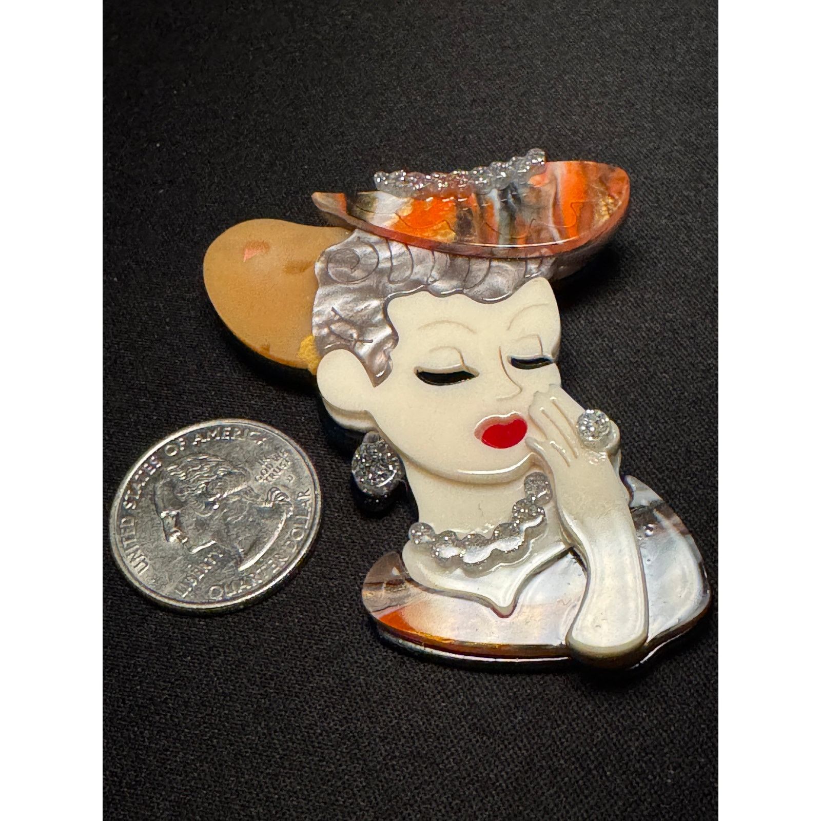 Other Acrylic 3D Lady Brooch Patterned Hat & Glitter Details Size ONE SIZE - 3 Thumbnail