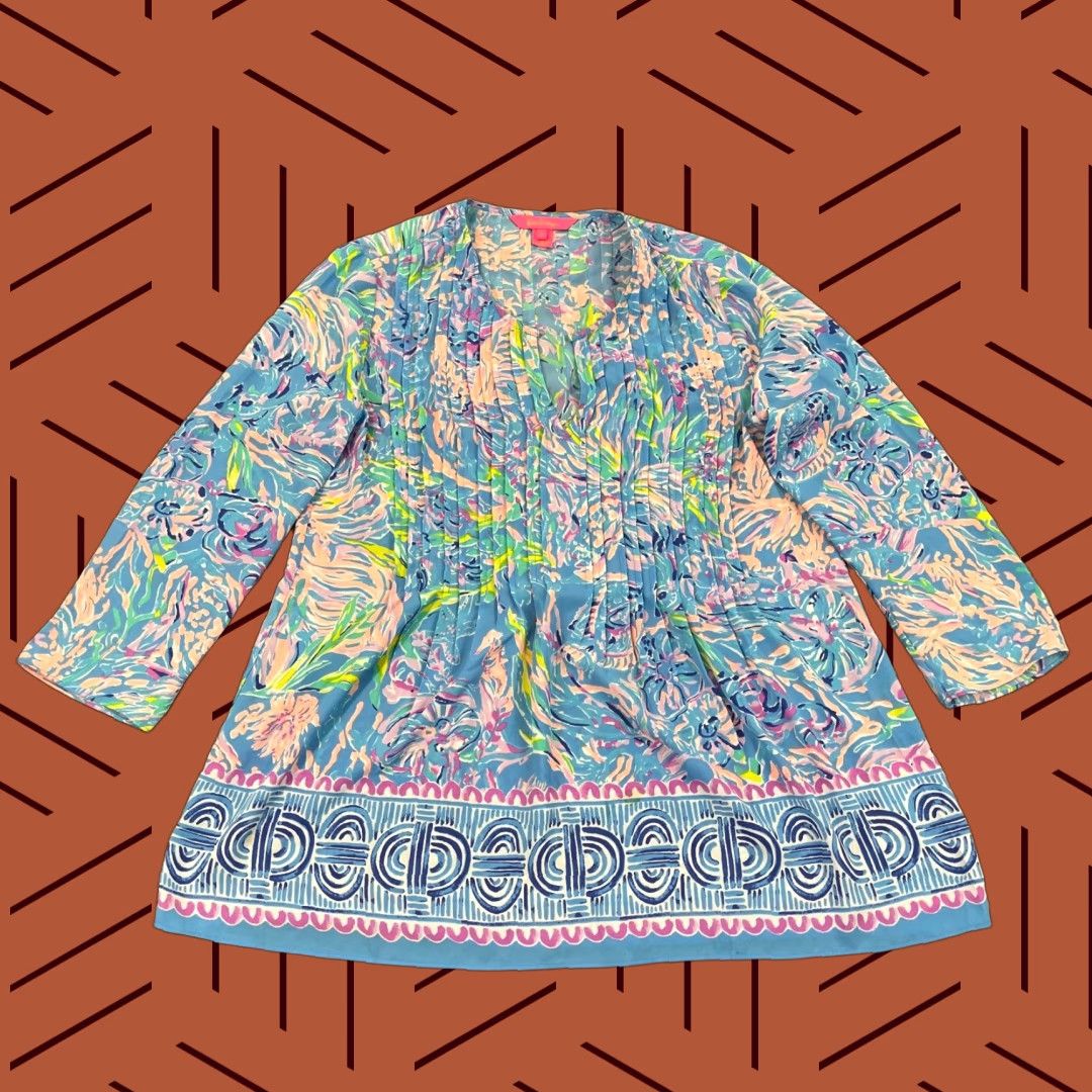 Lilly Pulitzer Top Women Small Marilina Tunic Floral Pleated Flowy Pullover Prep Shirt