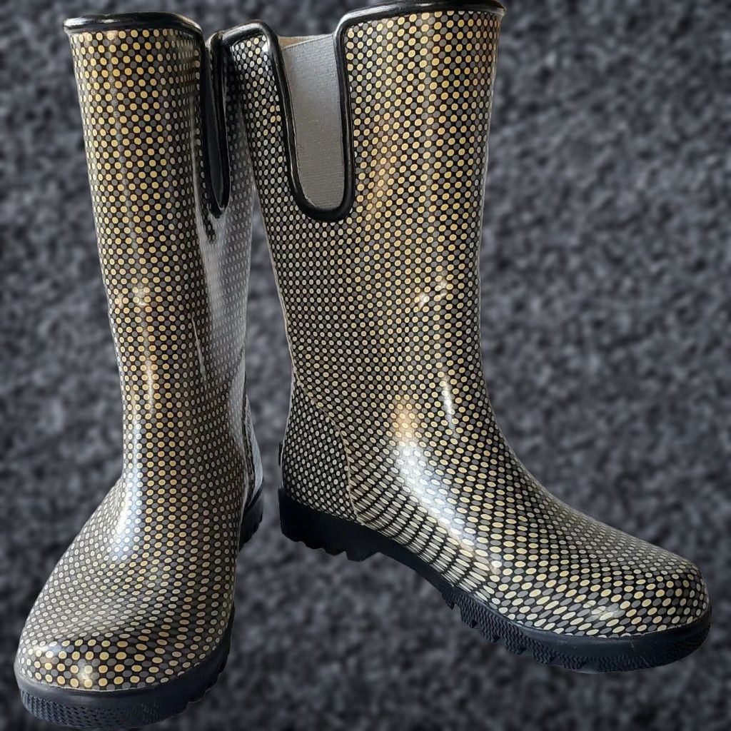 Sperry Top Sider Women's Boot Mid-Calf Rubber Waterproof Yellow Gray Black Polka Dot Slip-On 6