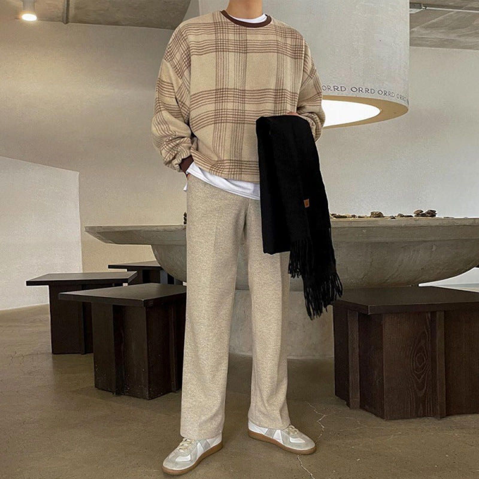 Vintage Beige Brown Plaid Crewneck Sweatshirt, Casual Fit Sweatshirt Size US M / EU 48-50 / 2 - 2 Thumbnail