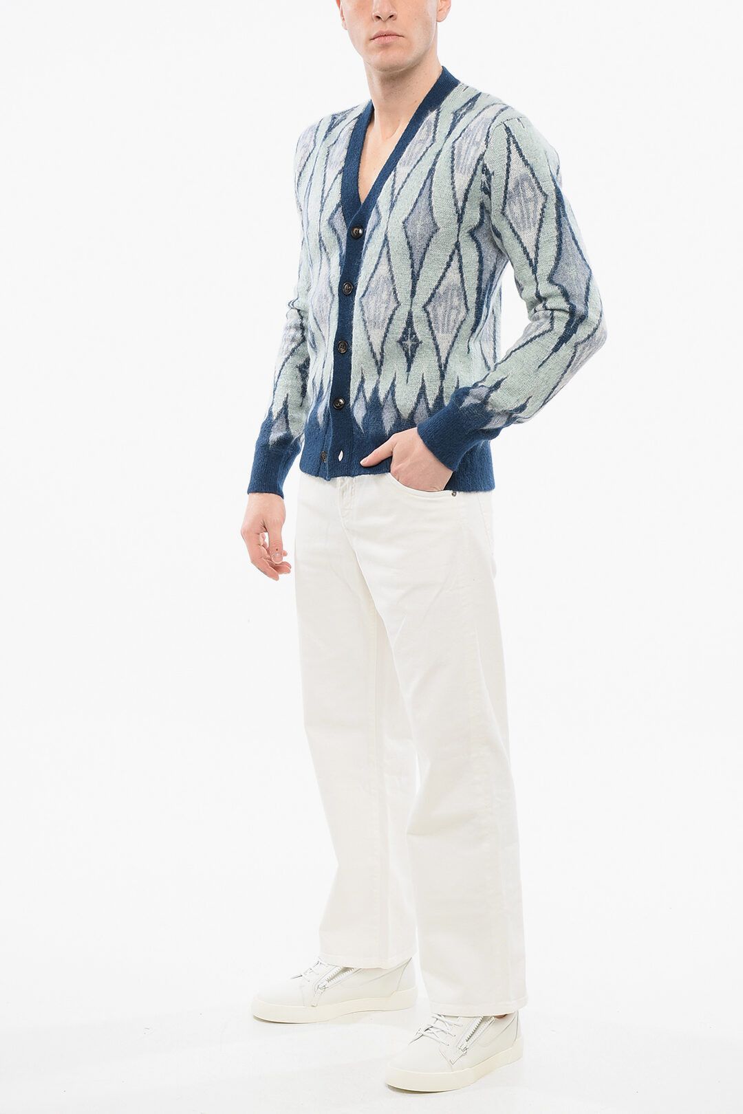 Amiri og1mm0825 Diamond Patterned Mohair Blend Cardigan Light Blue Size US M / EU 48-50 / 2 - 4 Thumbnail