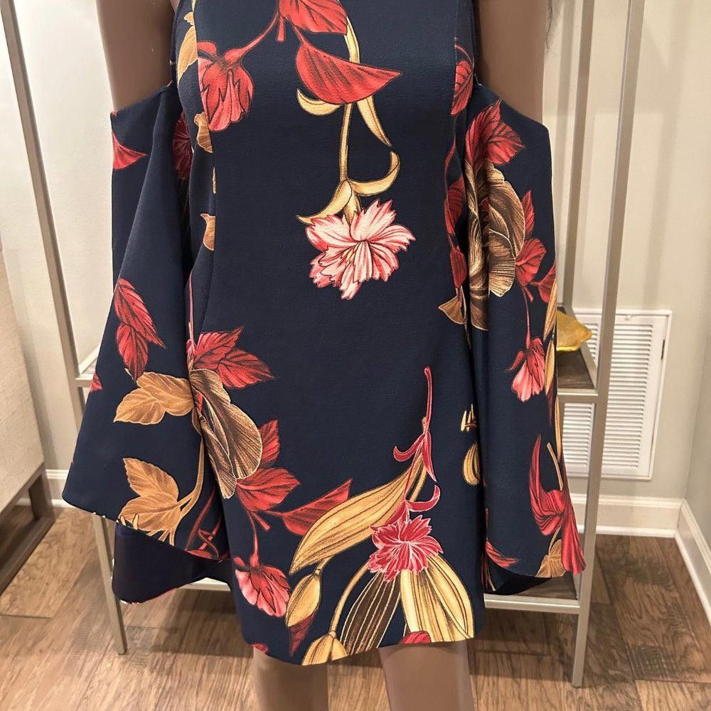 Designer C/MEO Collective Fusion Bell Sleeves Navy Botanic Dress Size XS / US 0-2 / IT 36-38 - 3 Thumbnail