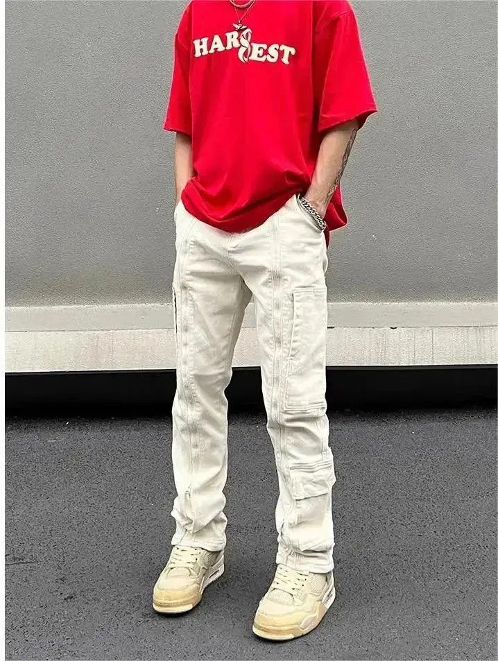 Japanese Brand Zipper multi pocket white straight leg jeans Size US 32 / EU 48 - 3 Thumbnail
