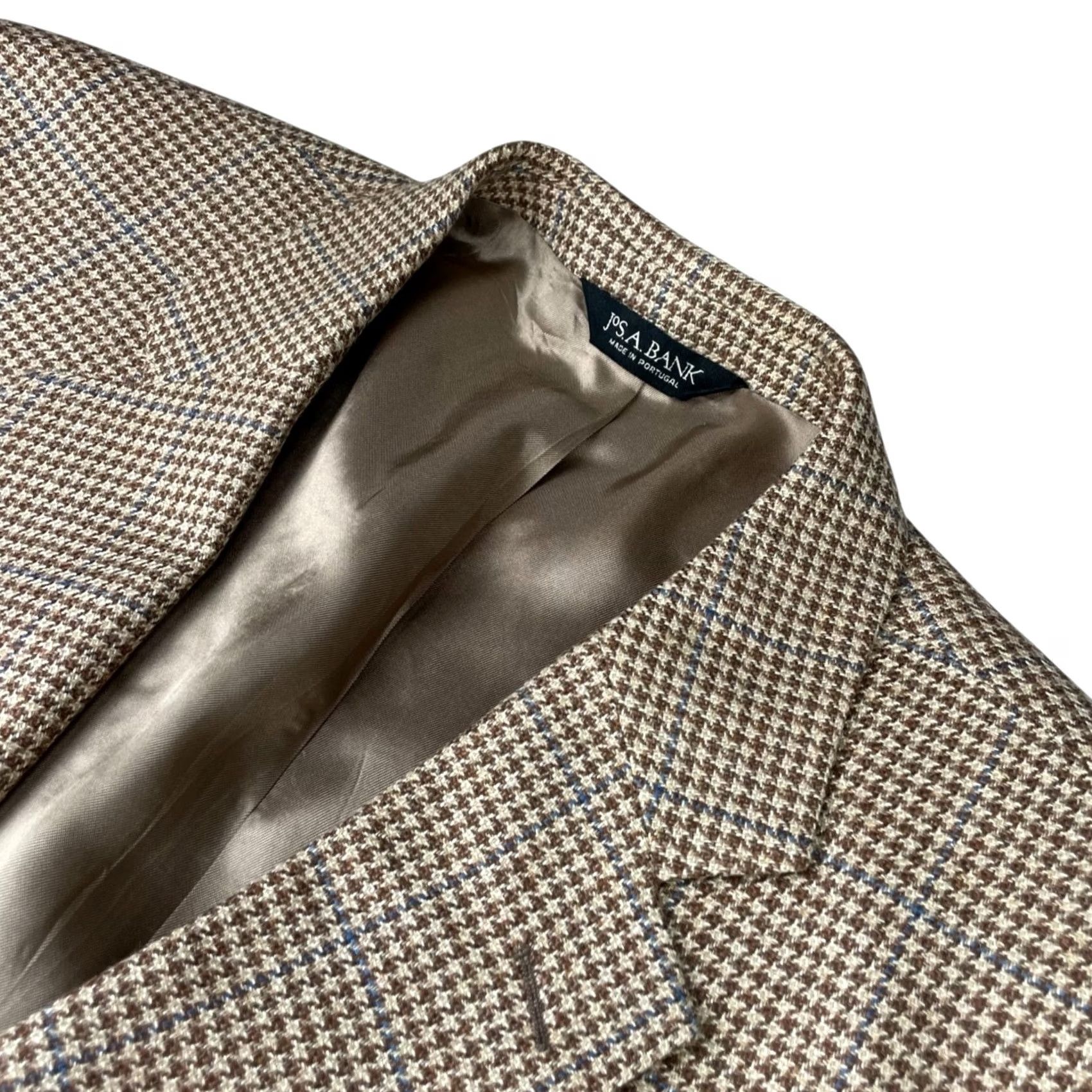 Jos. A. Bank Jos A Bank Men’s Blazer 46R Beige Blue Houndstooth Wool Silk Linen 2-Button Size 46R - 2 Thumbnail