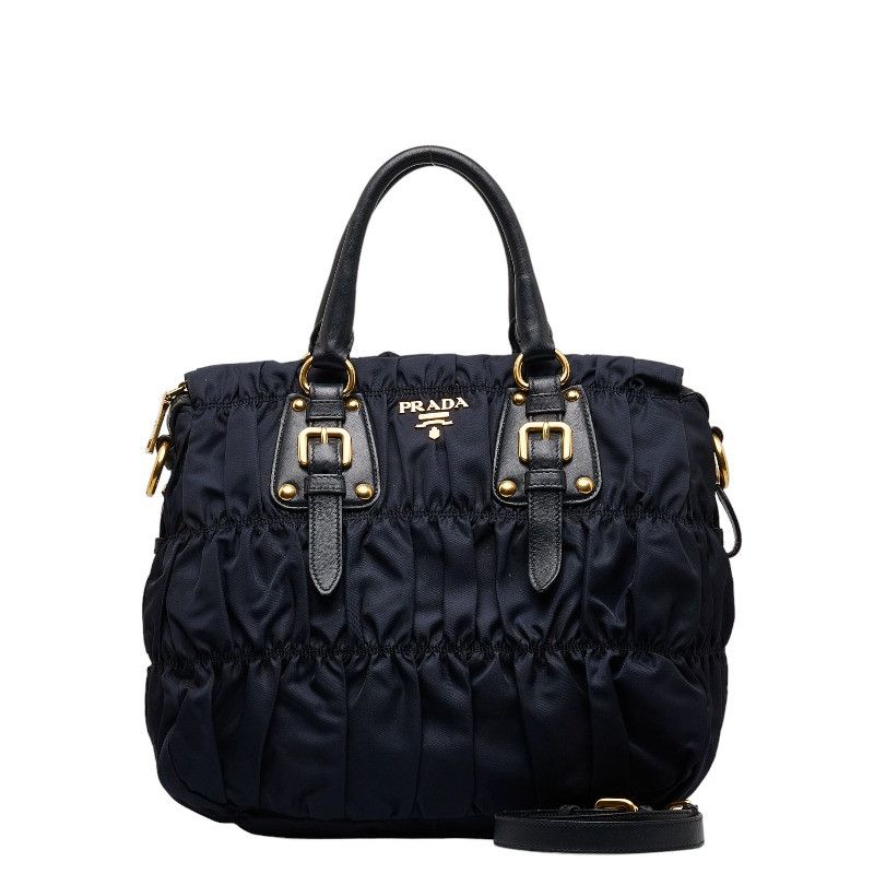 image of Prada Gathered Handbag Shoulder Bag 2Way Navy in Blue, Women's