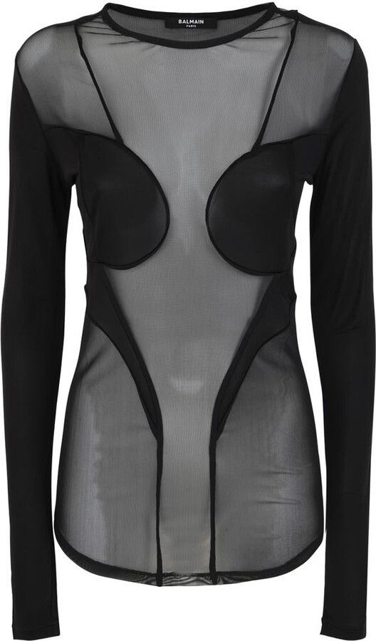 Image of Balmain O1Srvl11E0524 Long sleeve Multi Cut Mix Mesh Top In Black, Women's (Size Small)