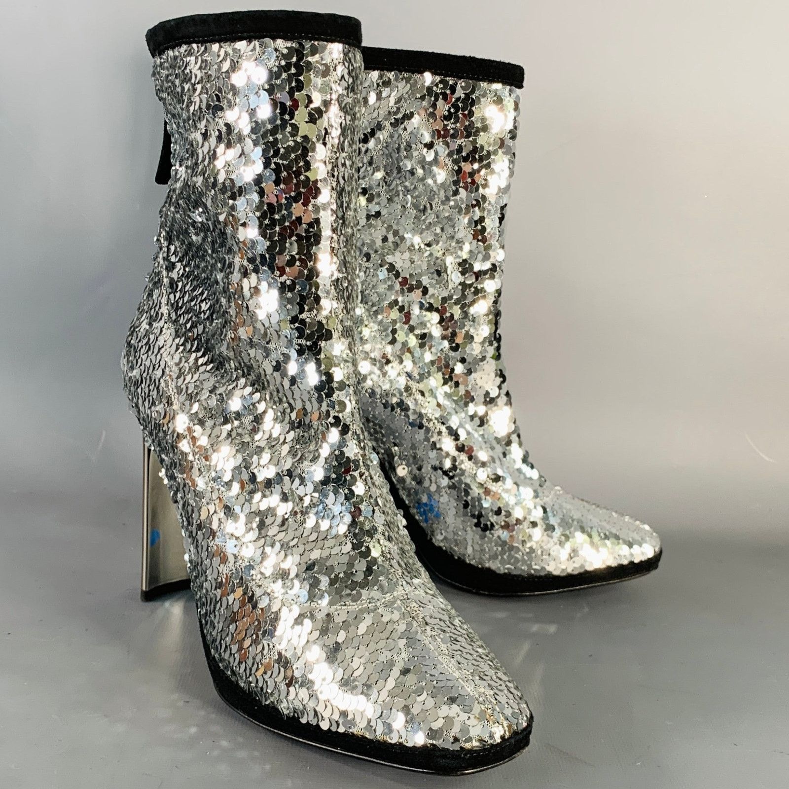 Giuseppe Zanotti GIUSEPPE ZANOTTI Silver Black Sequined Back Zip Booties Size US 7.5 / IT 37.5 - 1 Thumbnail