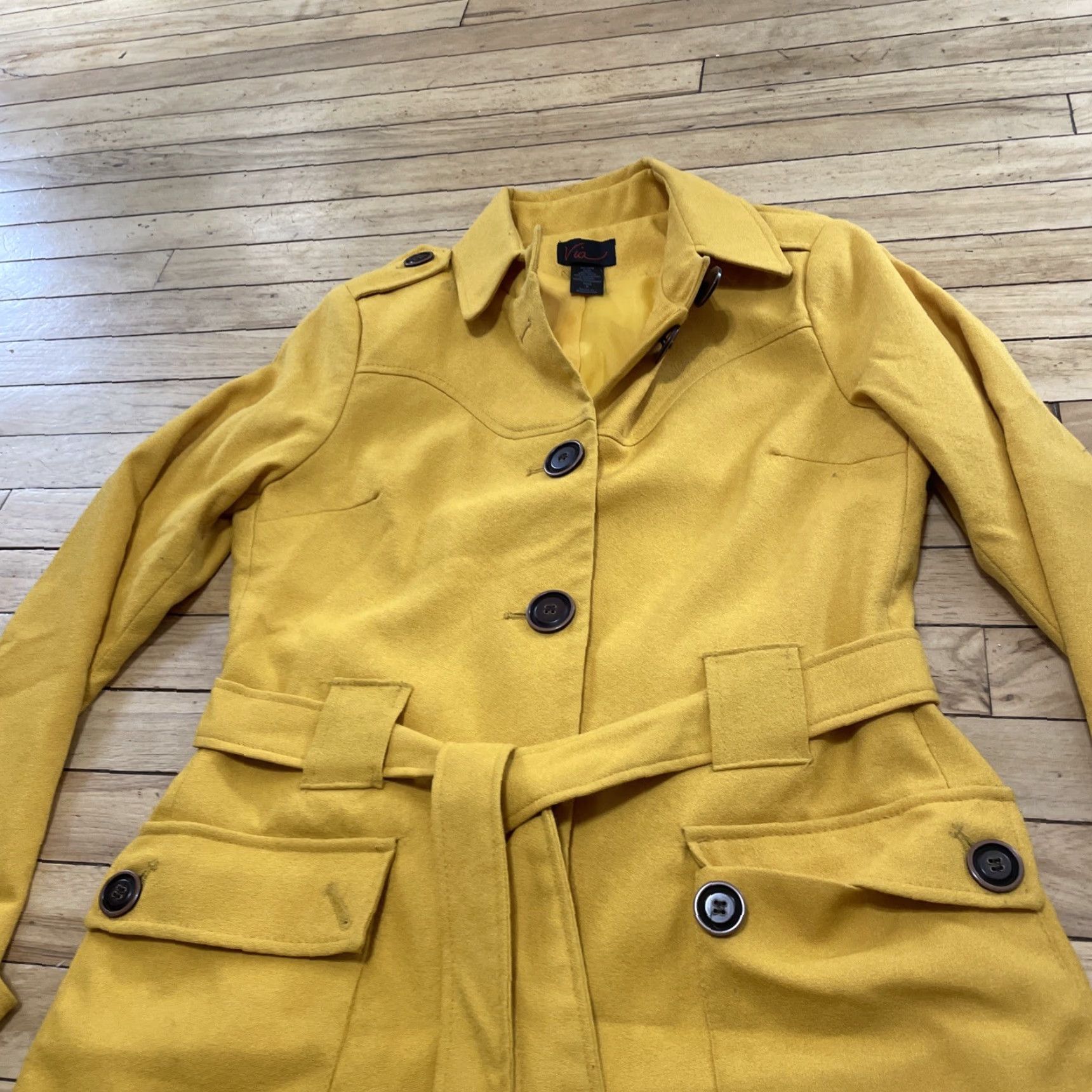 Avia VIA Wool Trench Coat Women 8 Yellow Belted Mod 60s Long Duster Military Grunge Coat Size M / US 6-8 / IT 42-44 - 5 Thumbnail