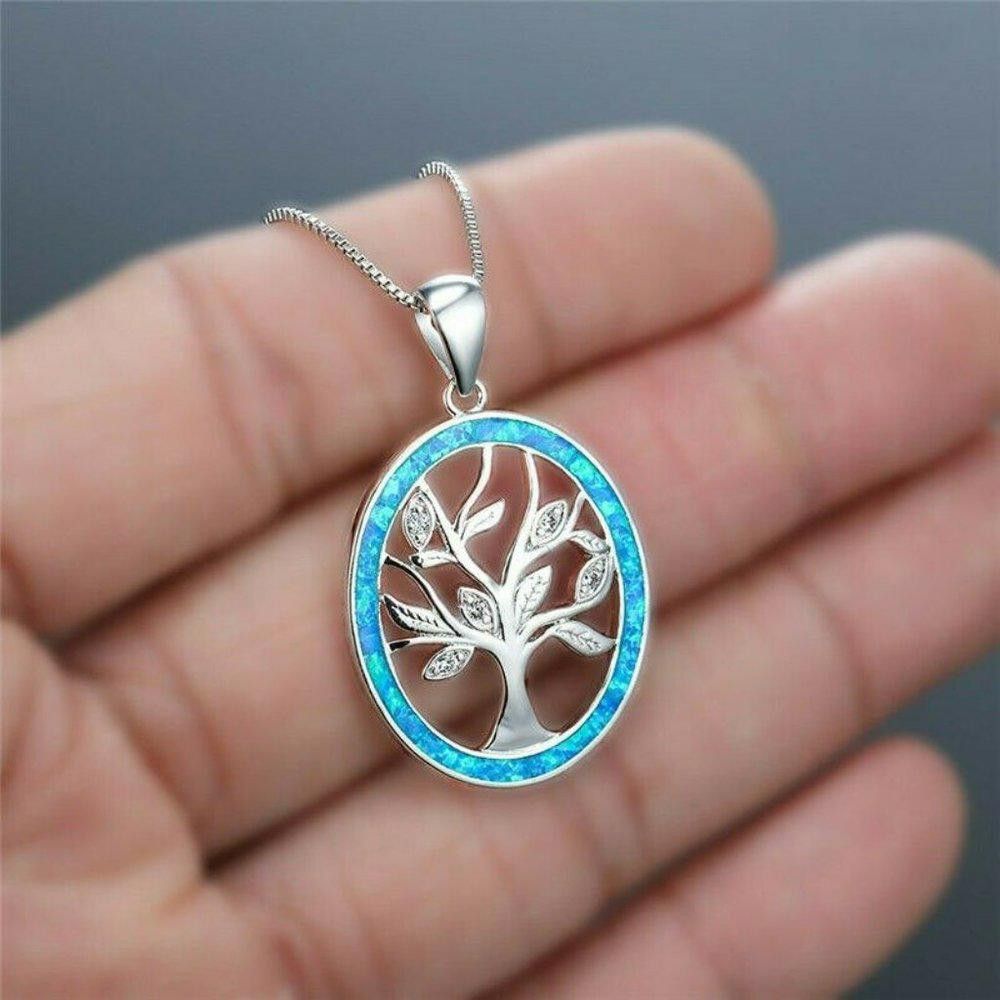Designer Round Blue Opal Tree Of Life Silver Necklace Size ONE SIZE - 4 Thumbnail