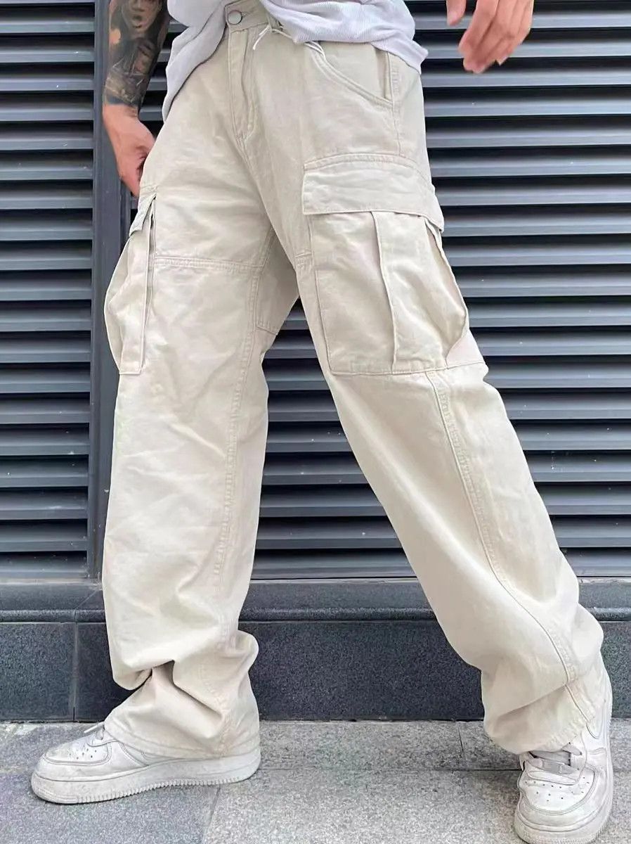 image of Vintage Street Hip Hop Loose Solid Casual Pants in Kaki, Men's (Size 28)
