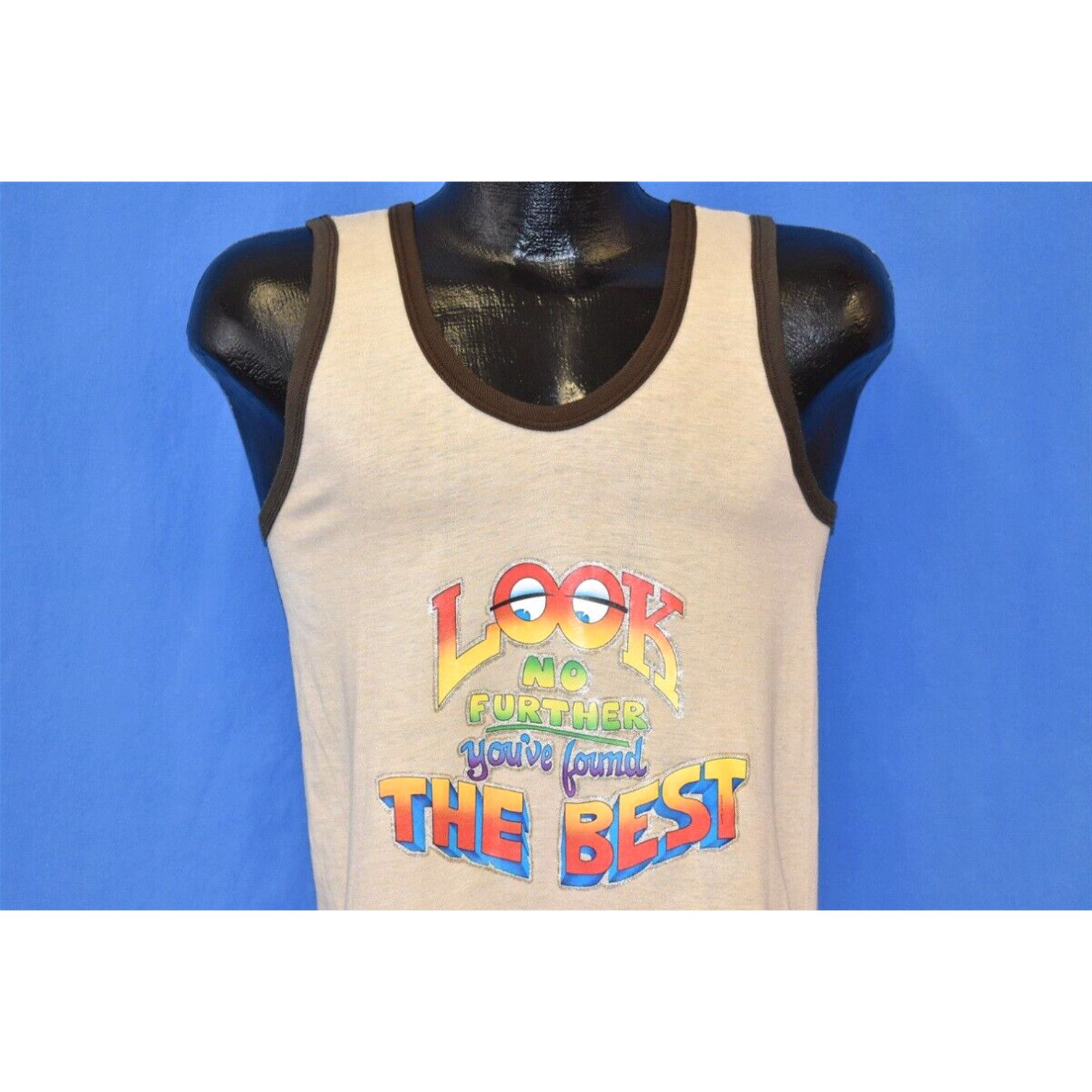 image of Vintage 80's Look No Further You've Found Best Glitter Iron On Tank Top T-Shirt S in White (Size Sm