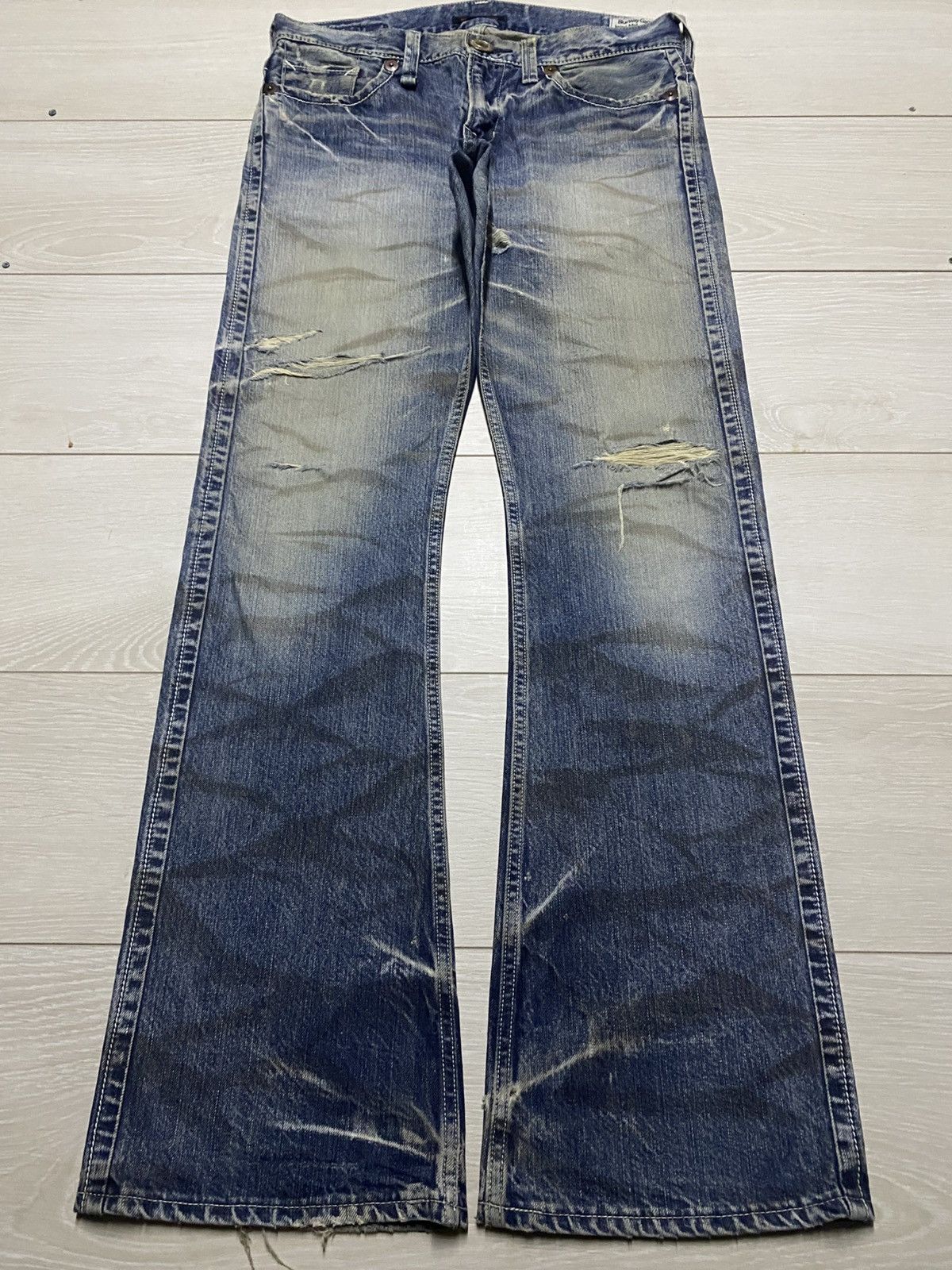 Tornado Mart Vintage BlueWay Garment Jeans Maker Crack Wash Flare Jeans Size US 33 - 1 Thumbnail