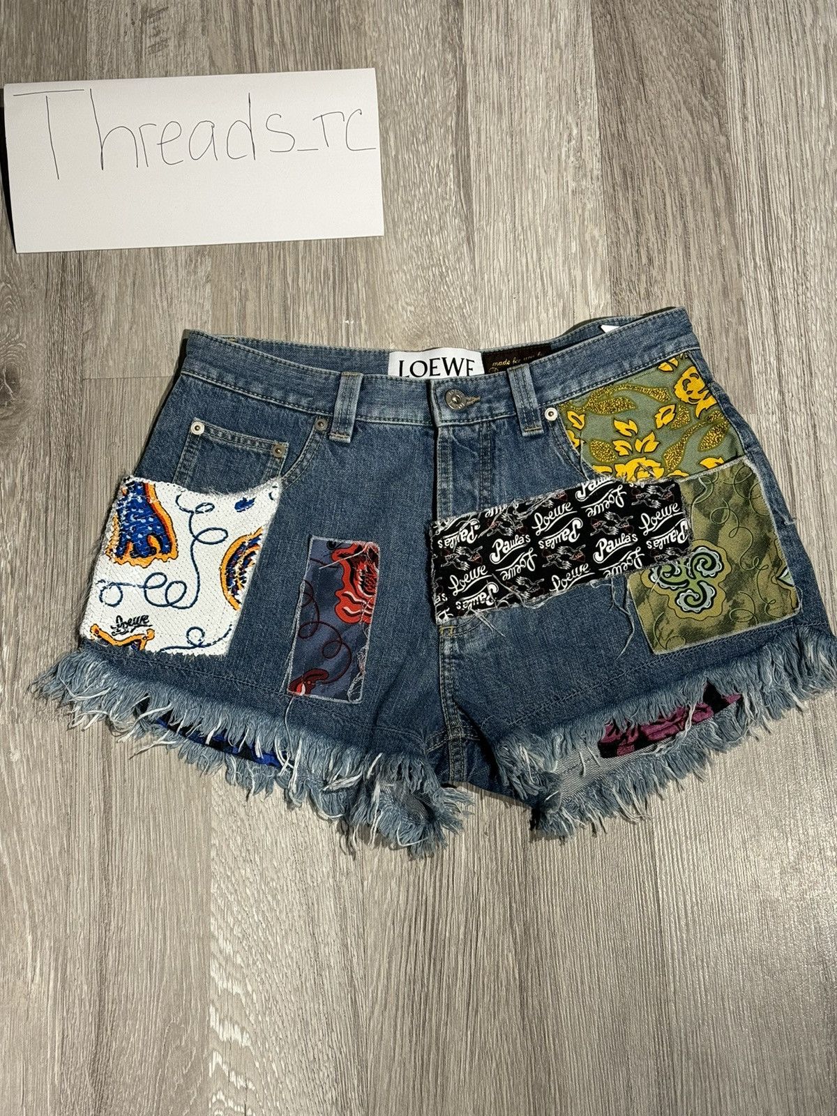 image of Loewe Paula's Ibiza Indigo Patchwork Denim Shorts, Women's (Size 25)