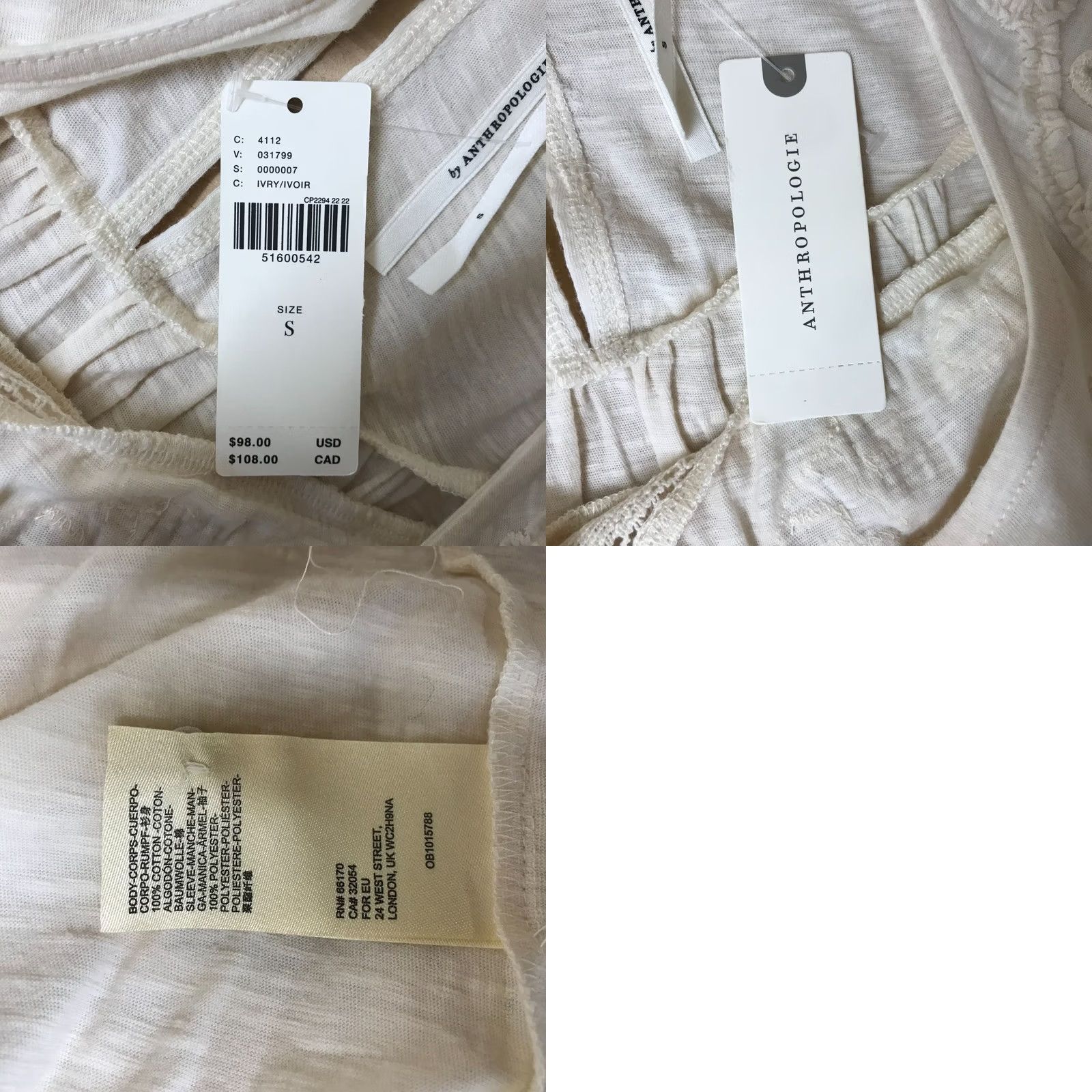 Anthropologie ANTHROPOLOGIE WOMEN'S S SMALL CREAM SHORT SLEEVE APPLIQUE COTTON TOP SHIRT Size S / US 4 / IT 40 - 8 Thumbnail