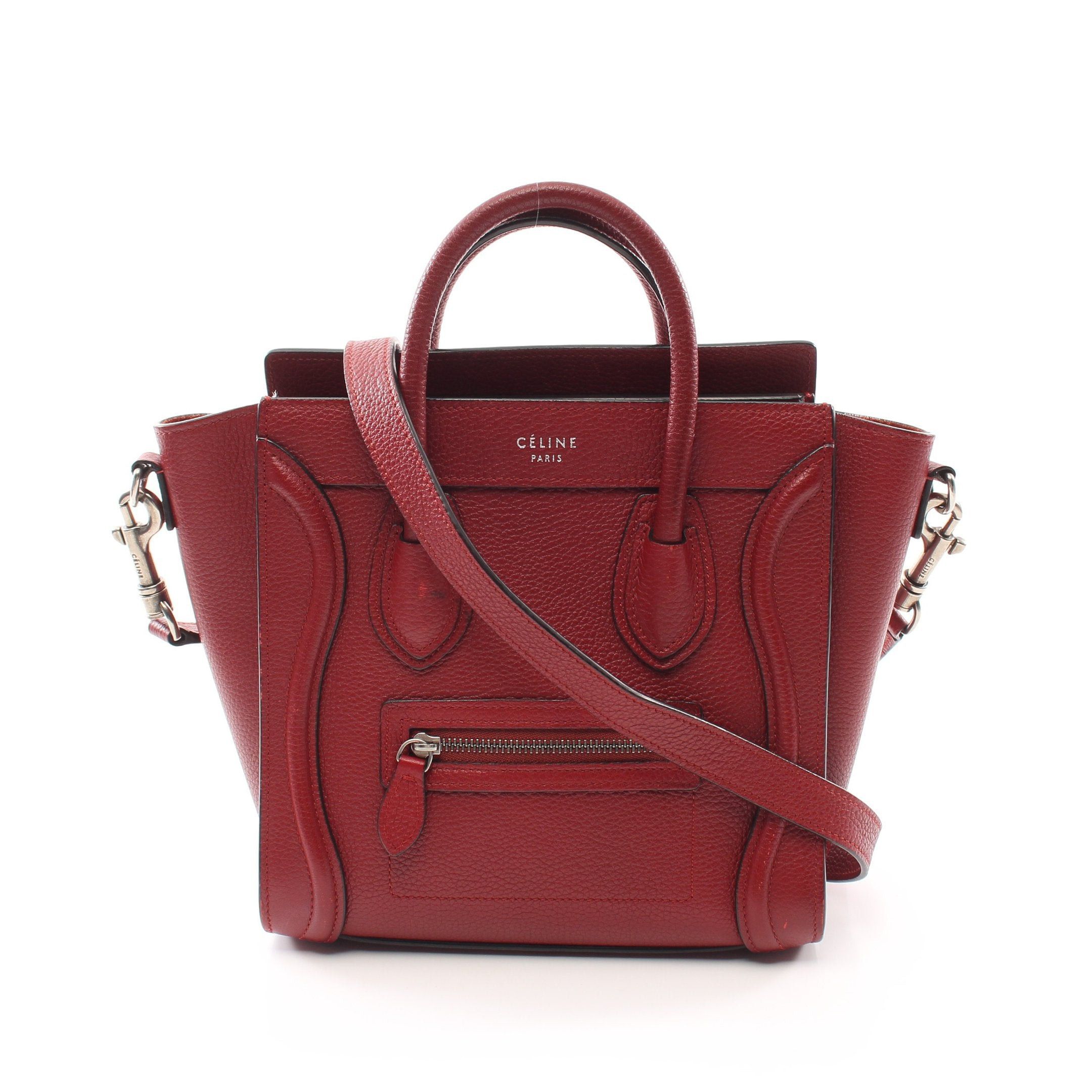 image of Celine Luggage Nano Shopper Handbag Leather Burgundy 2Way, Women's