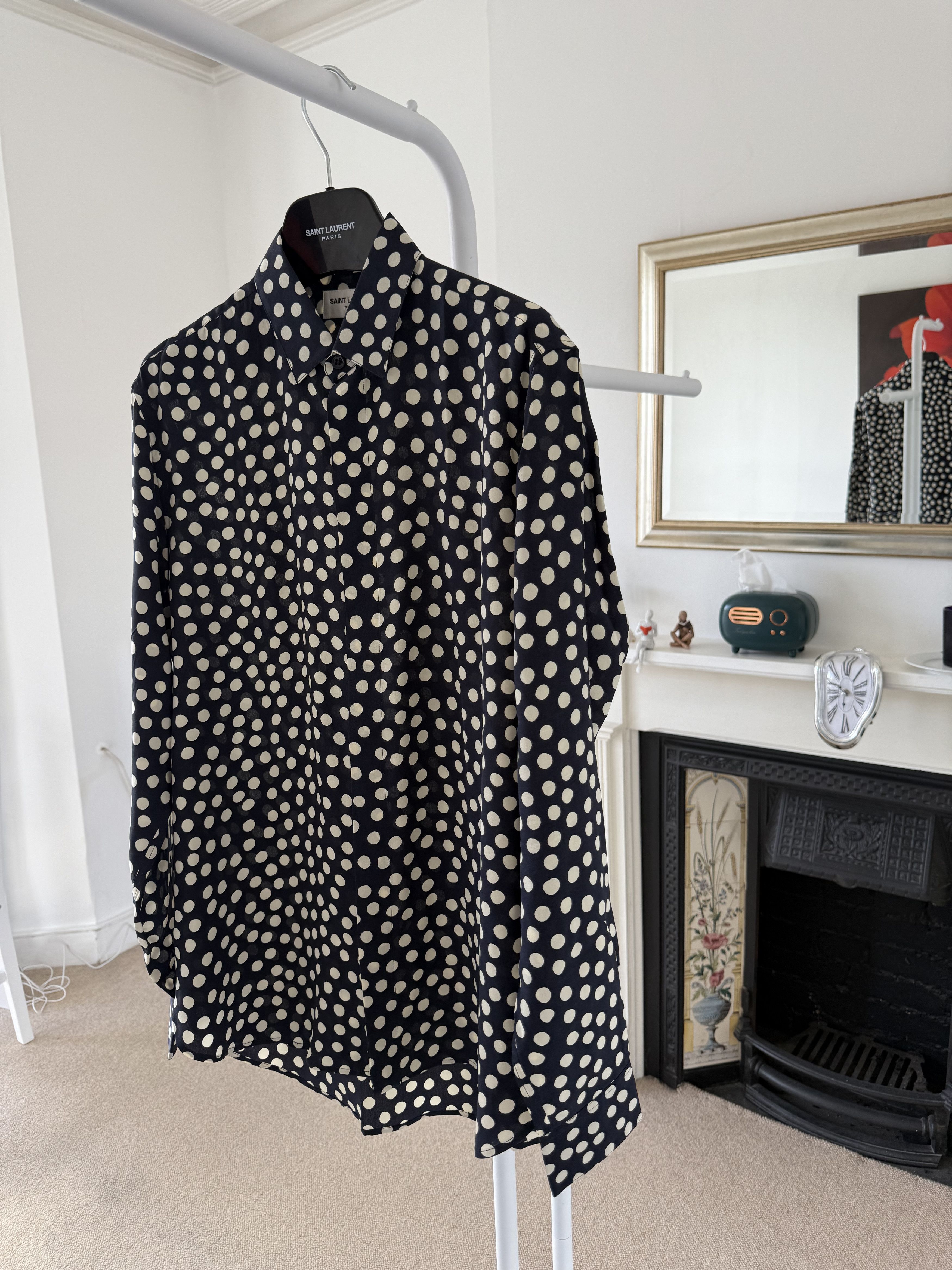 Saint Laurent Paris FW19 Saint Laurent Cream/Navy Polka Dot Silk Shirt Size US S / EU 44-46 / 1 - 5 Thumbnail
