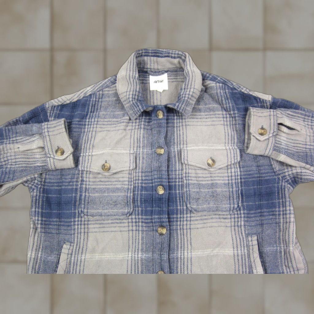 Vintage Aerie Shirt Womens L Blue Plaid Flannel Heavyweight Button Up Cotton Shirt Size L / US 10 / IT 46 - 1 Thumbnail