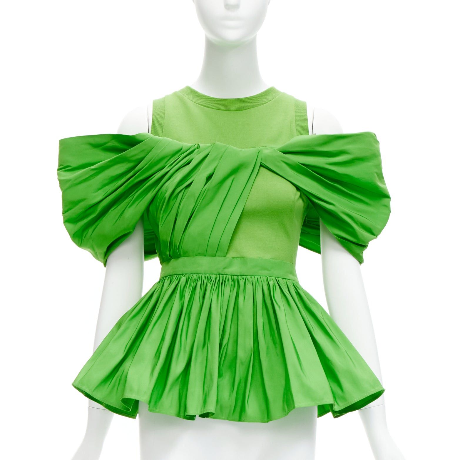 ALEXANDER MCQUEEN 2023 green cotton pleated peplum faille cold shoulder top IT38 XS
