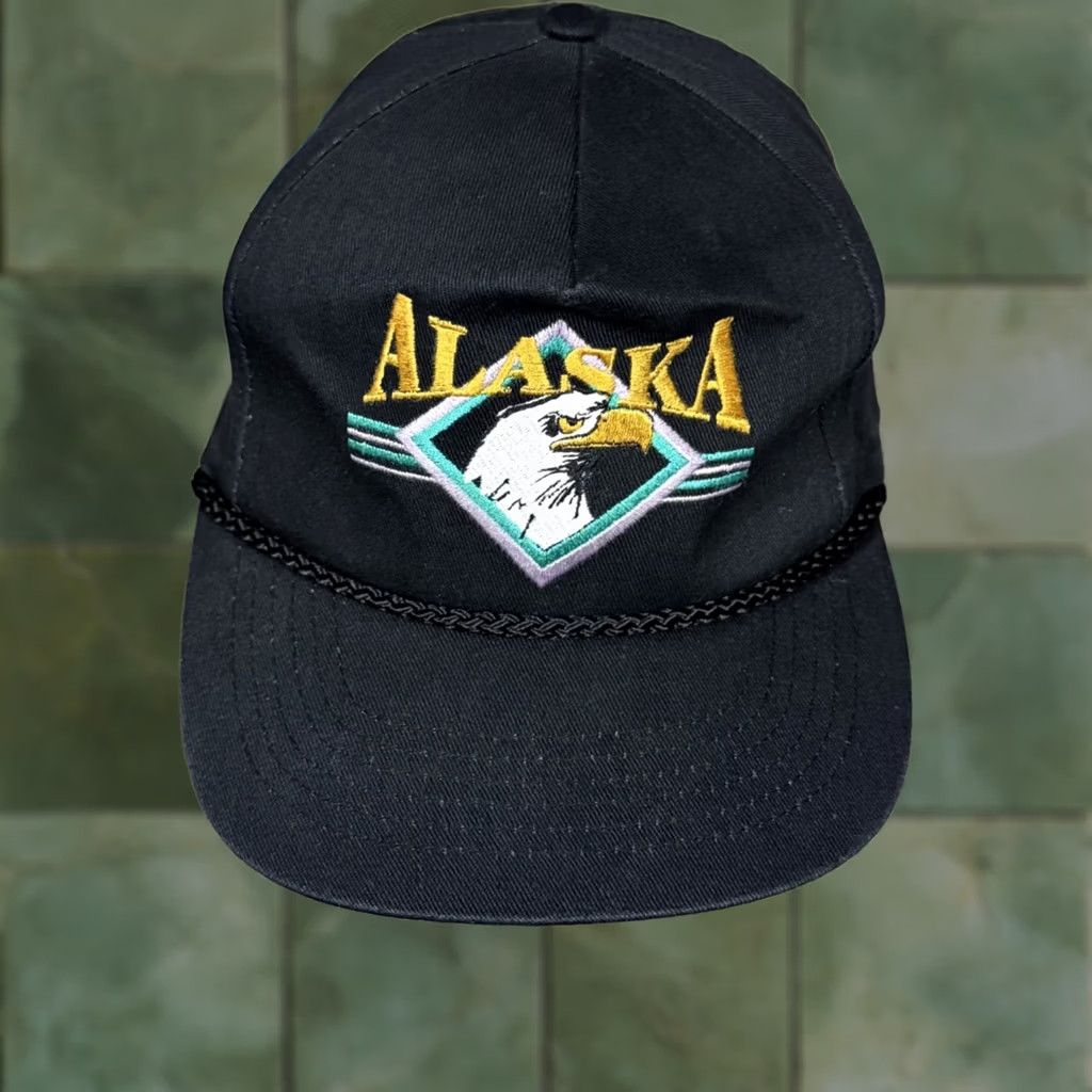 Vintage VINTAGE Alaska Hat Black Rope Snapback Bald Eagle 80s Trucker Outdoor USA KC Collections Men One Size Adjustable Baseball Cap Mens Black USA Outdoors Size ONE SIZE - 1 Thumbnail