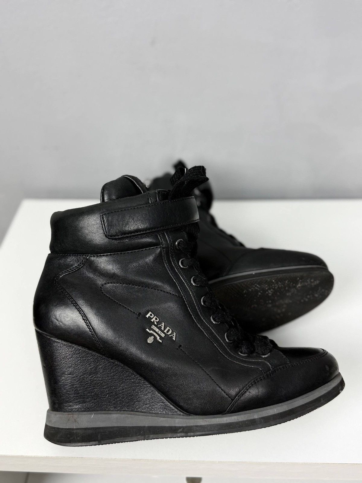Prada Prada Black Wedge Sneakers Leather High Top EU 37.5 Size US 6.5 / IT 36.5 - 2 Thumbnail