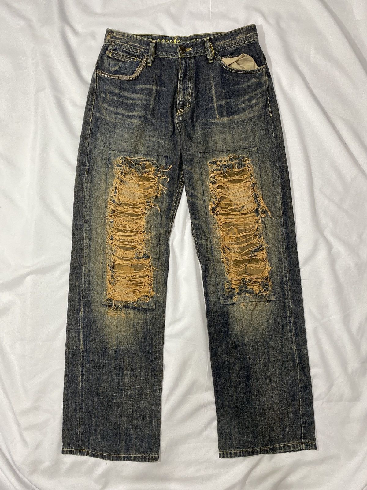 Tornado Mart Kulo Nipon Blue Baggy Distressed Studed Denim Pants Size US 32 / EU 48 - 1 Thumbnail