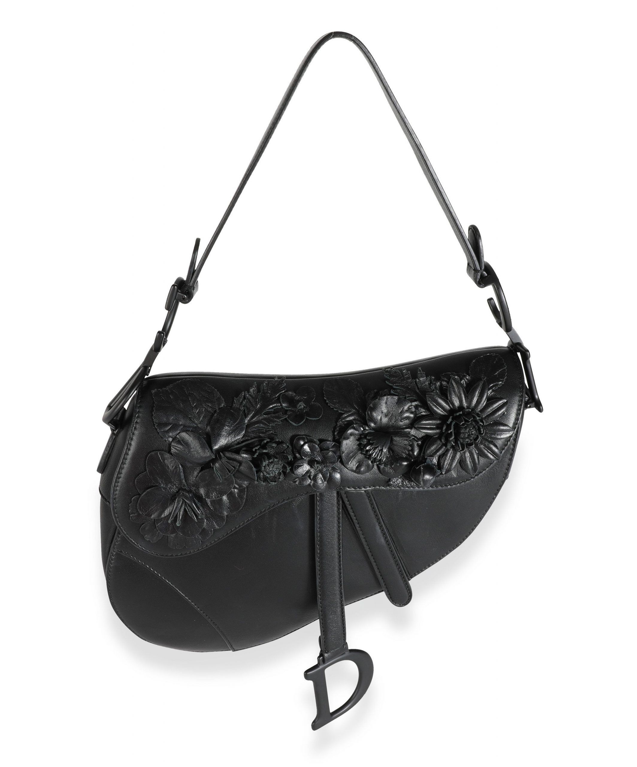 image of Dior Black Lambskin Embroidered Flowers On Bag Saddle Bag, Women's