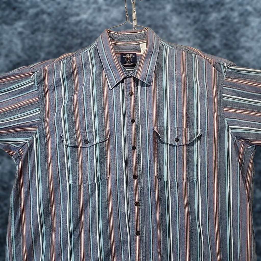 Vintage VINTAGE Salmon River Traders Men Blue Striped Western Dress Shirt 2XL Button-Up Long Sleeve Size 48R - 1 Thumbnail