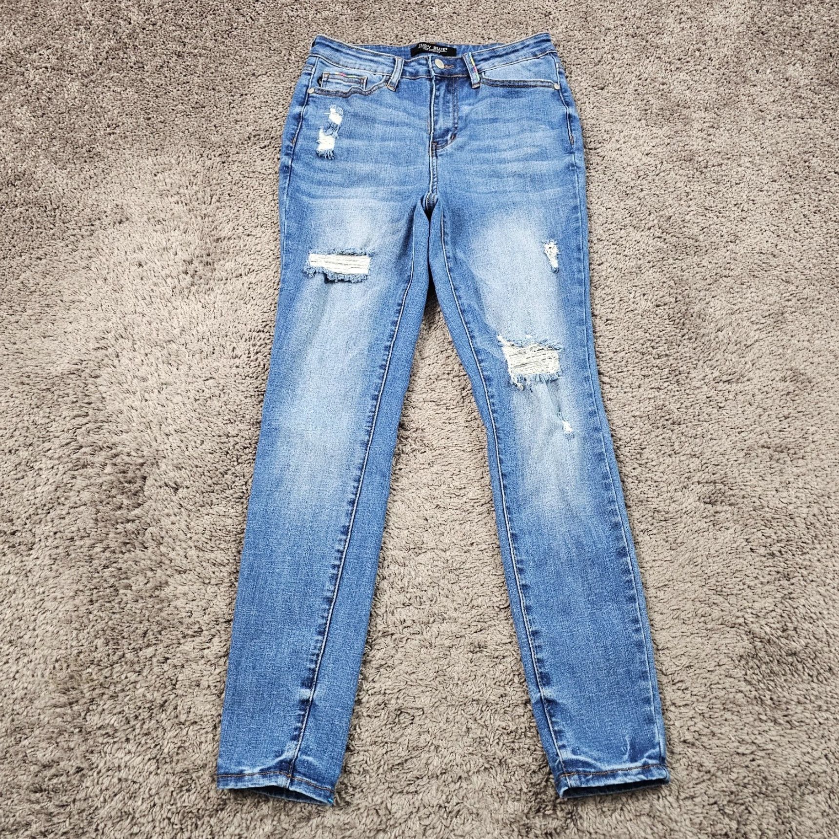 Rainbow Vintage Judy Blue Women’s Skinny Jeans 27 Mid Rise Rainbow Stretch Distressed Medium Wash Size 27" / US 4 / IT 40 - 2 Thumbnail