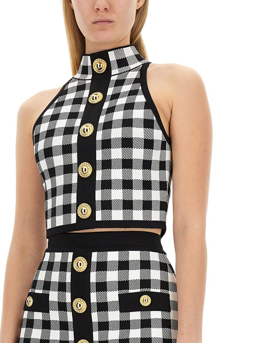 Balmain o1y0625 Checked Crop Top in Black/White Size M / US 6-8 / IT 42-44 - 2 Thumbnail