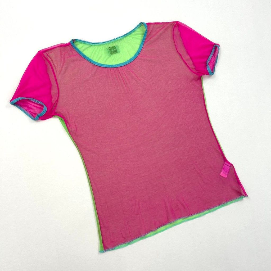 Dolce & Gabbana y2k D&G pink and green mesh color block short sleeve top Size M / US 6-8 / IT 42-44 - 1 Thumbnail