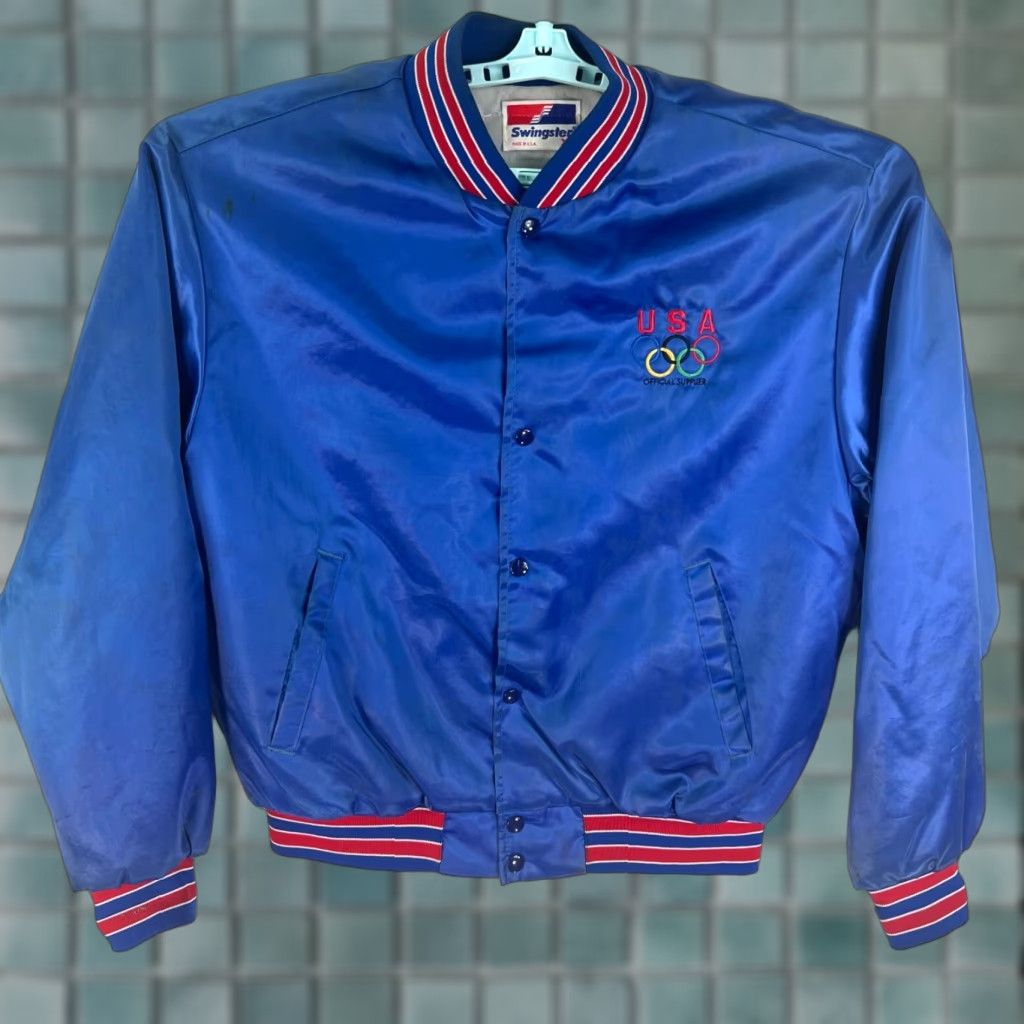 Vintage VINTAGE Swingster USA Jacket Bomber Jacket Men XL Blue Satin US Olympics 90s Theme Sportswear Size US XL / EU 56 / 4 - 1 Thumbnail