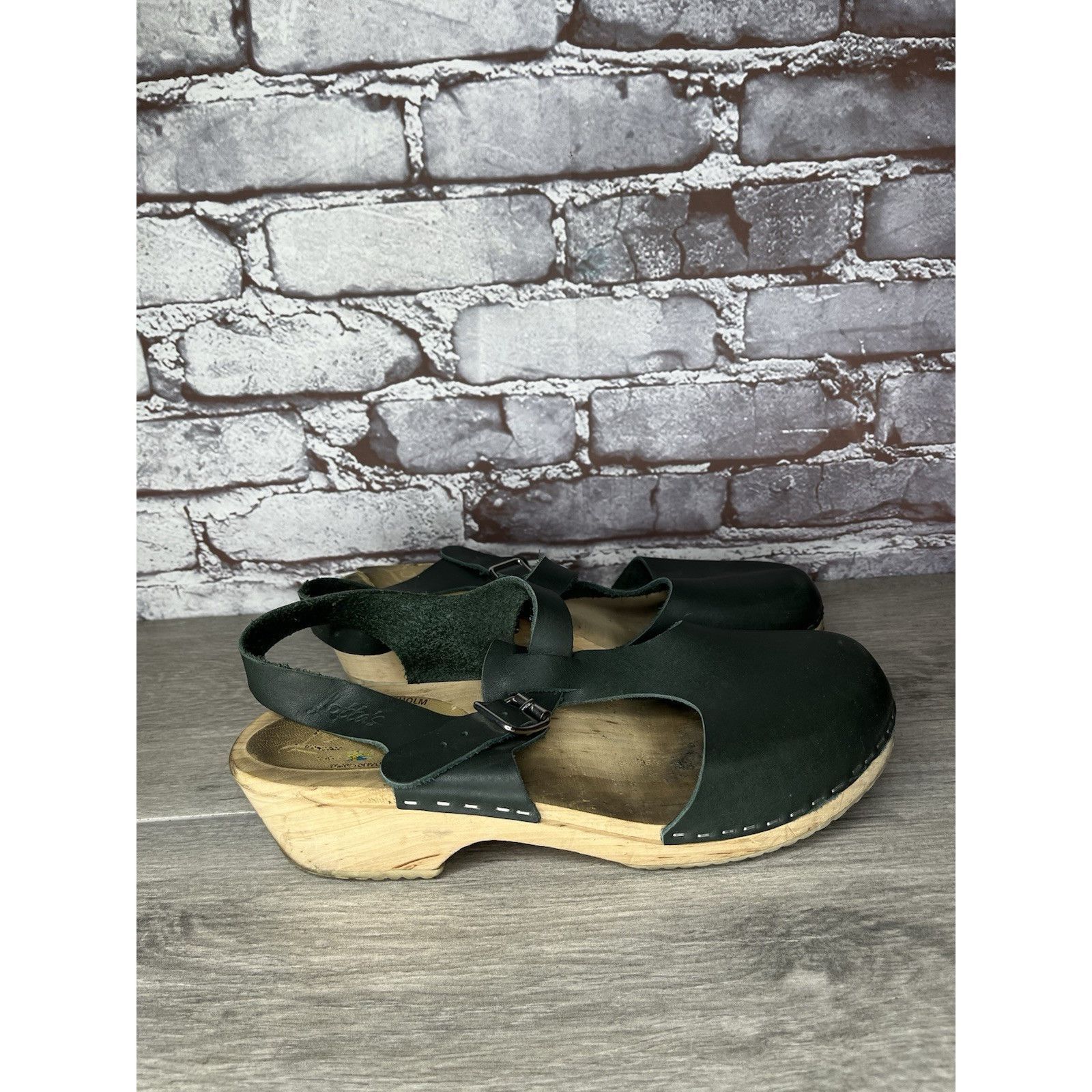 Swedish Hasbeens Swedish Hasbeens Black Leather T-Strap Wooden Clogs Shoes Wo Size US 10.5 / IT 40.5 - 11 Thumbnail