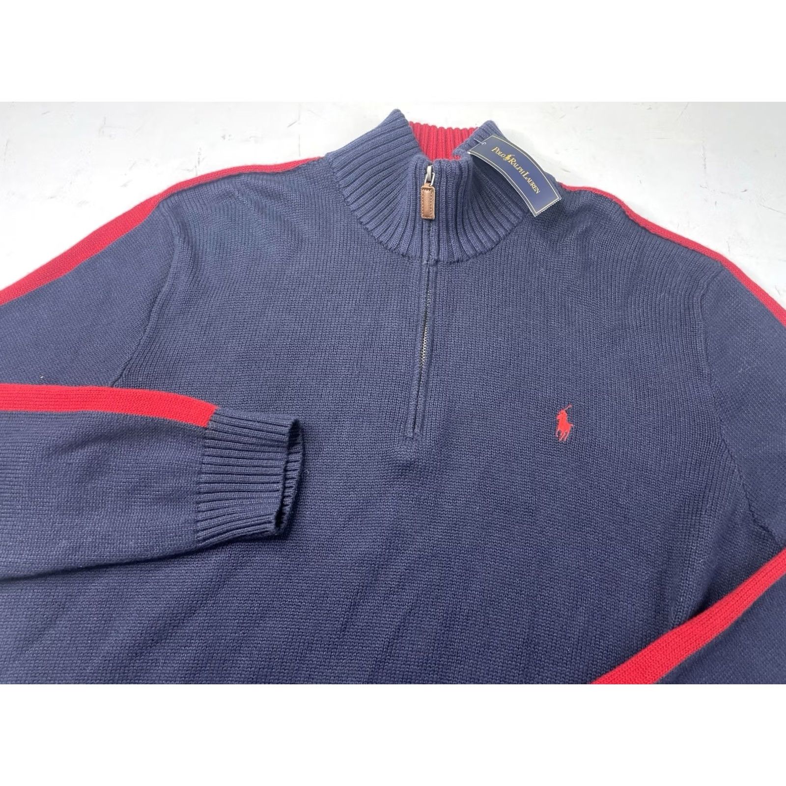 Polo Ralph Lauren VINTAGE? Polo Ralph Lauren Navy Blue Red Pony 1/4 Zip Knit Sweater Men XL Shirt Size US XL / EU 56 / 4 - 2 Thumbnail
