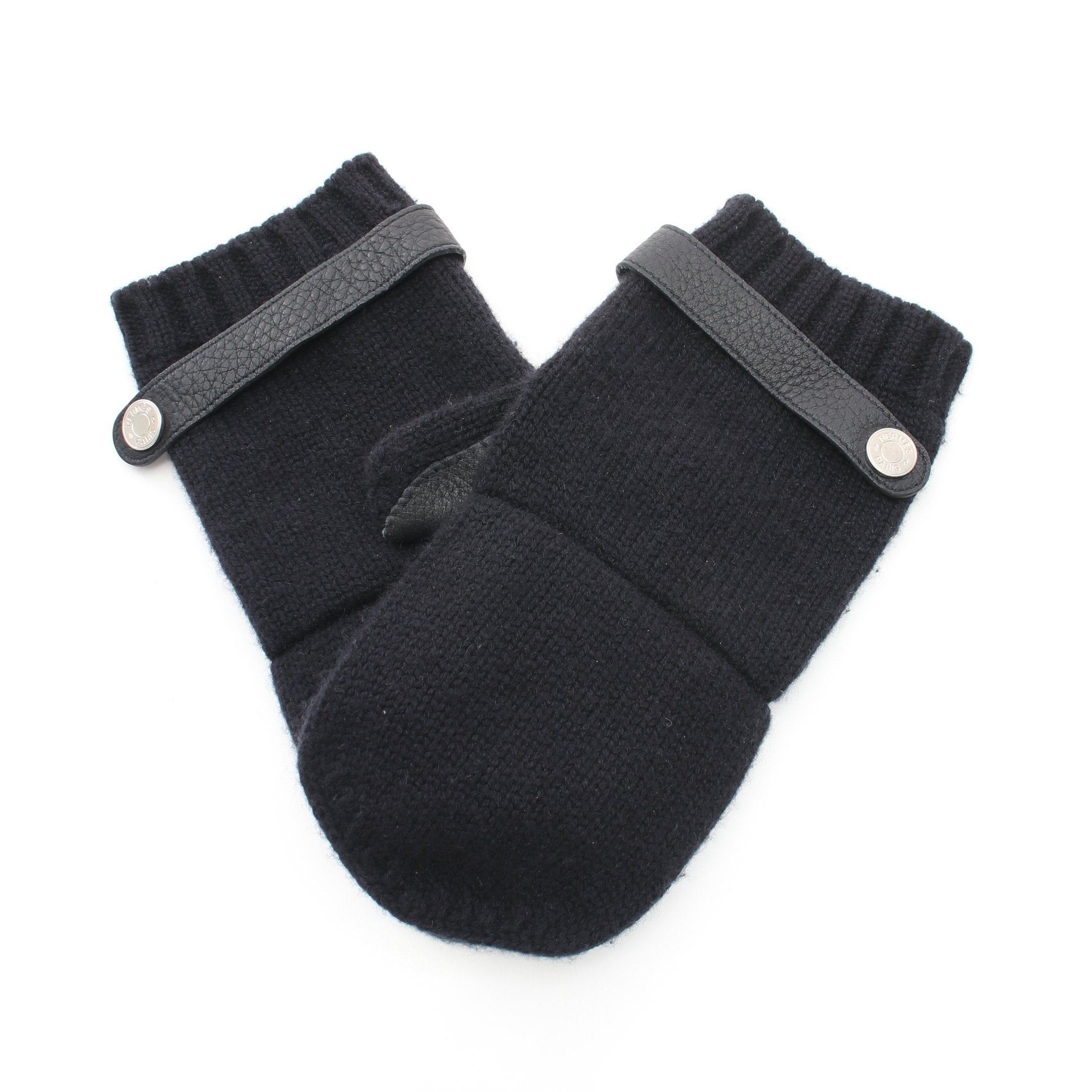 Hermes Hermes Serie Button Fingerless Mitten Cover Gloves Glove Cashmere Leather Navy Silver Hardware Size ONE SIZE - 1 Thumbnail