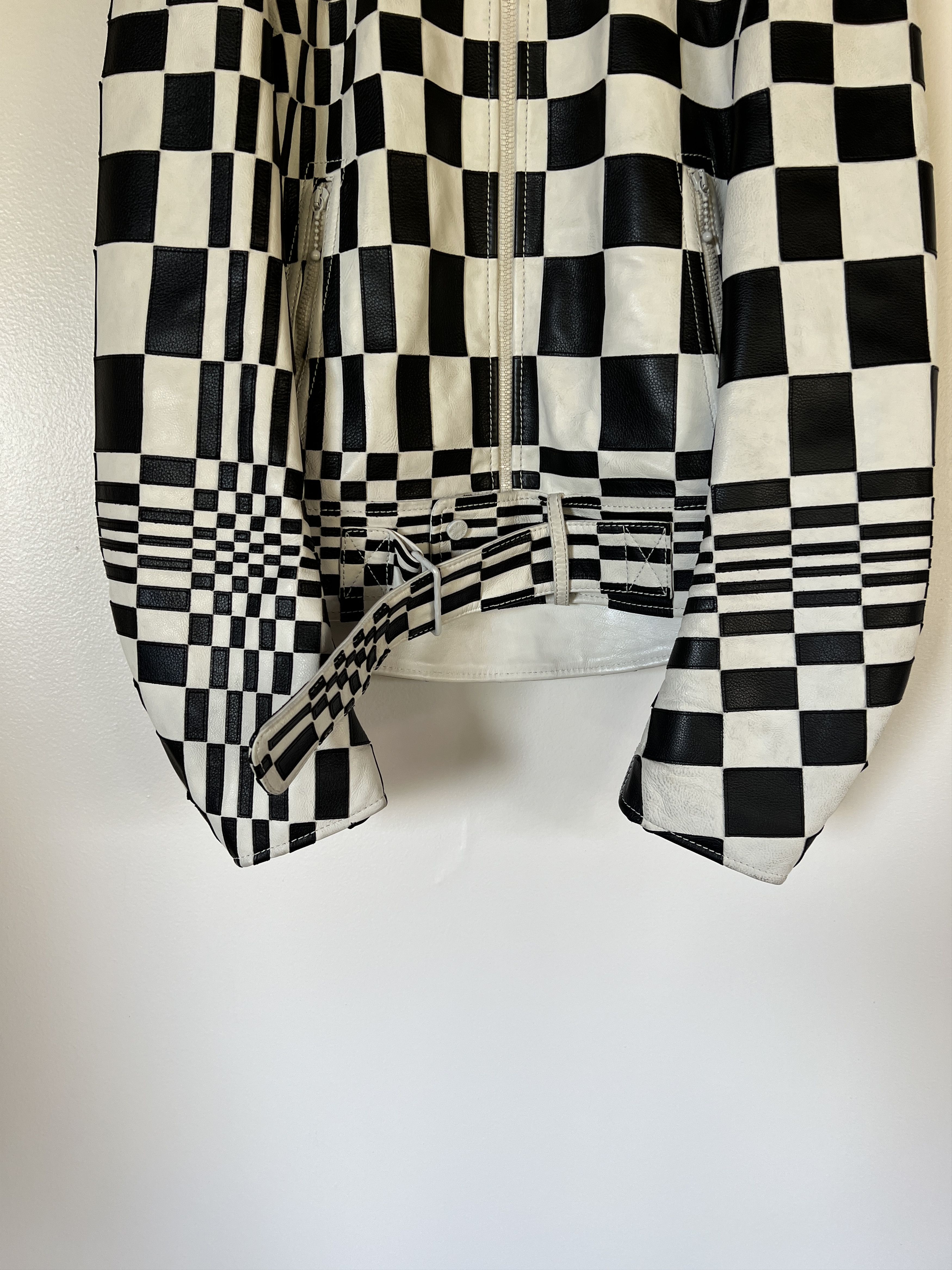 SS21 RUNWAY CHECKER PATCHWORK LEATHER BIKER JACKET SZ 46