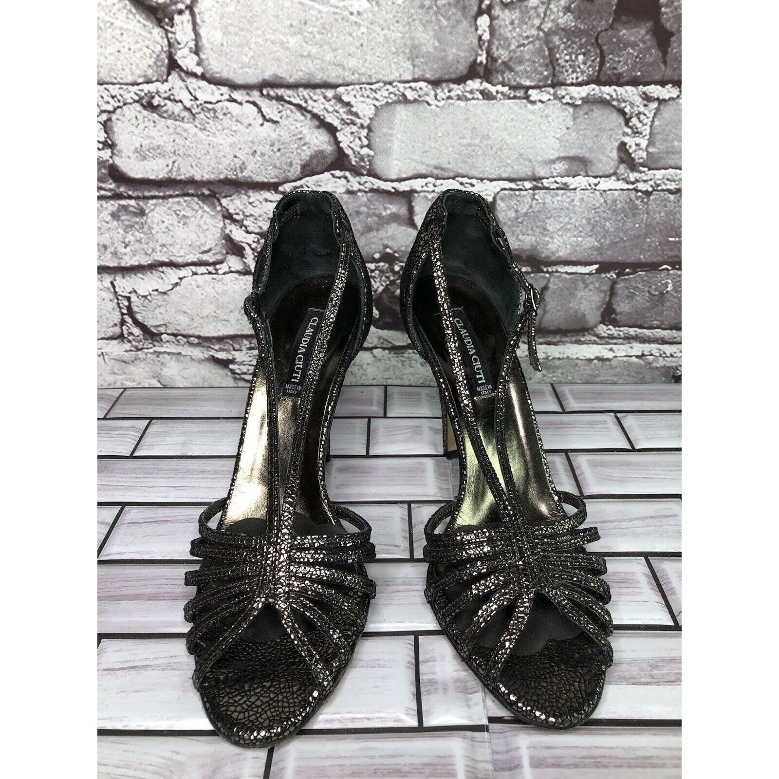 Other Claudia Ciuti Pewter Leather Cracked Ankle Strap Dress Heels Size US 7 / IT 37 - 2 Thumbnail